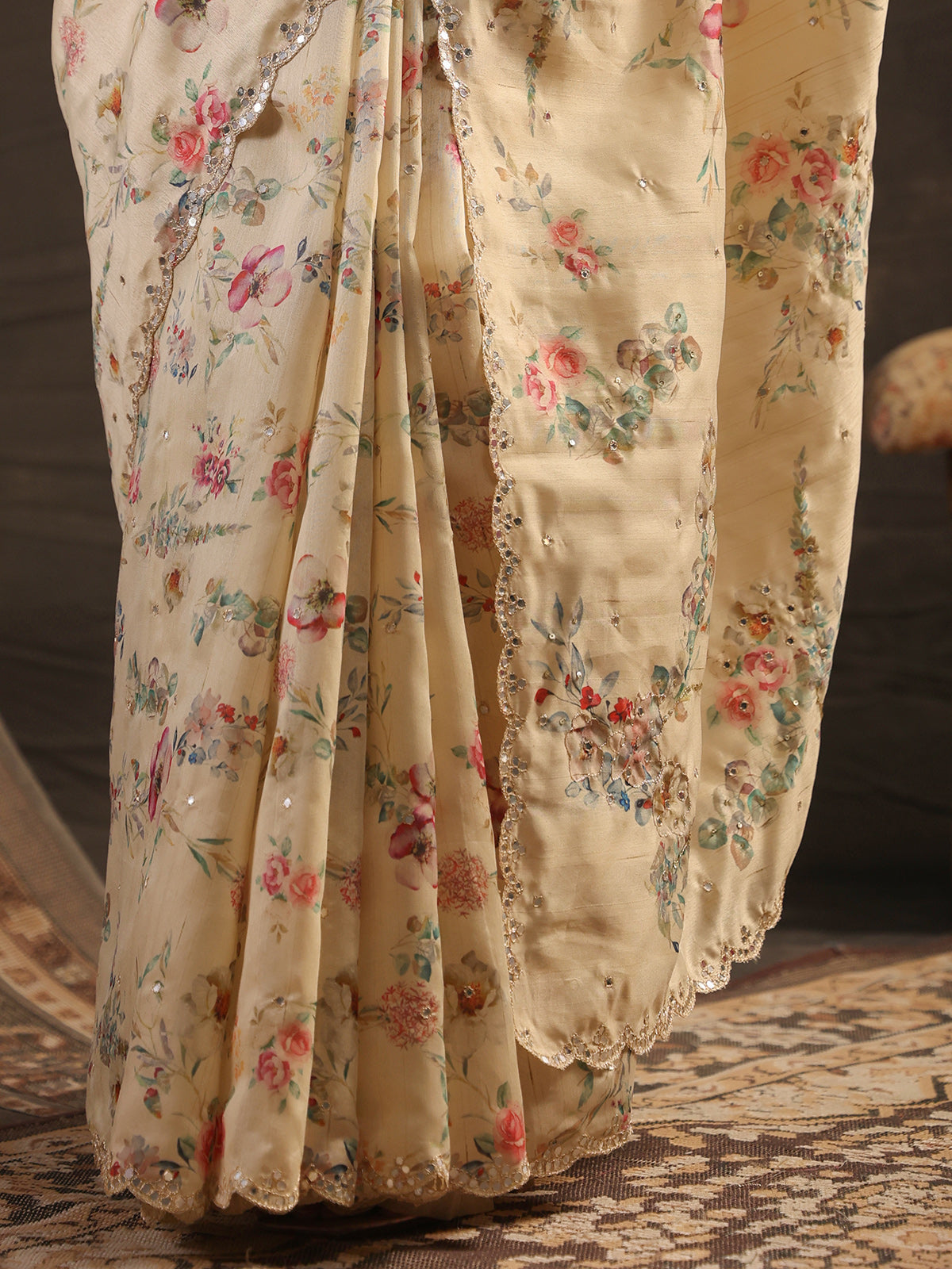 Butter cream botanical handwork saree for women
