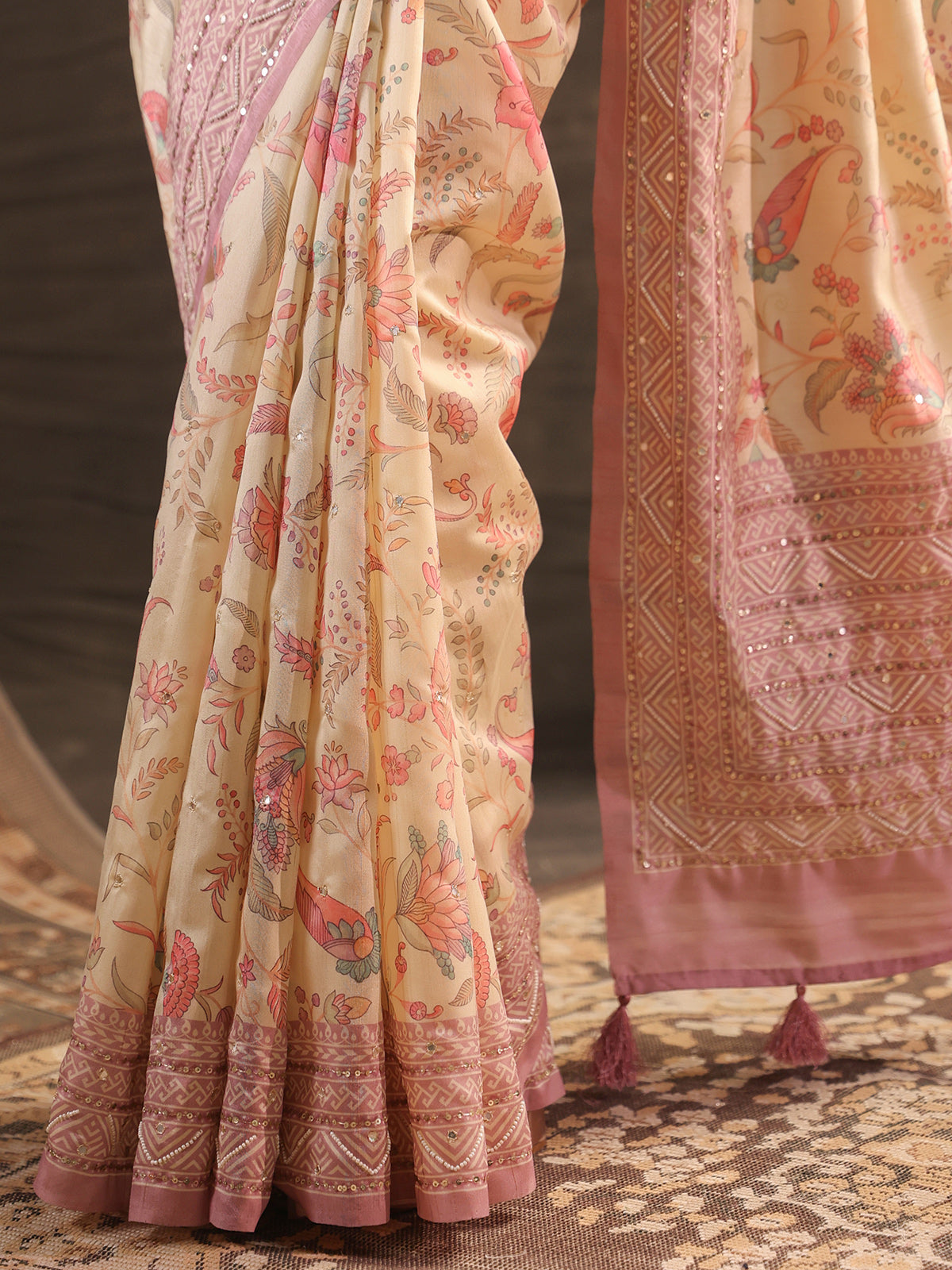 Cream pink embellished kalamkari saree for women