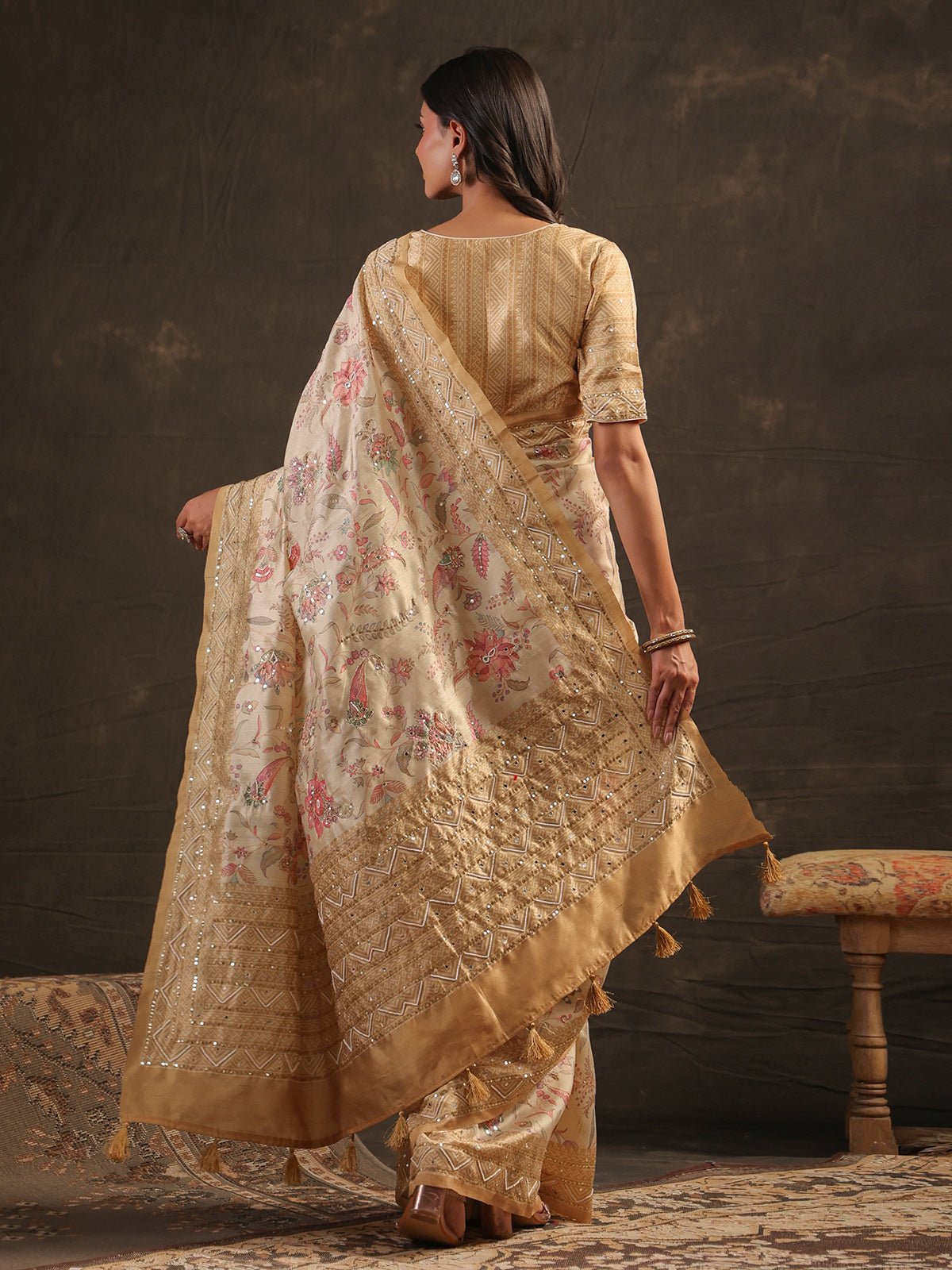 Cream champagne gold kalamkari saree for women