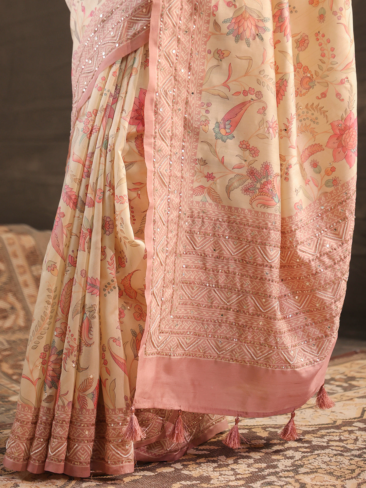 Cream dusty mauve kalamkari saree for women