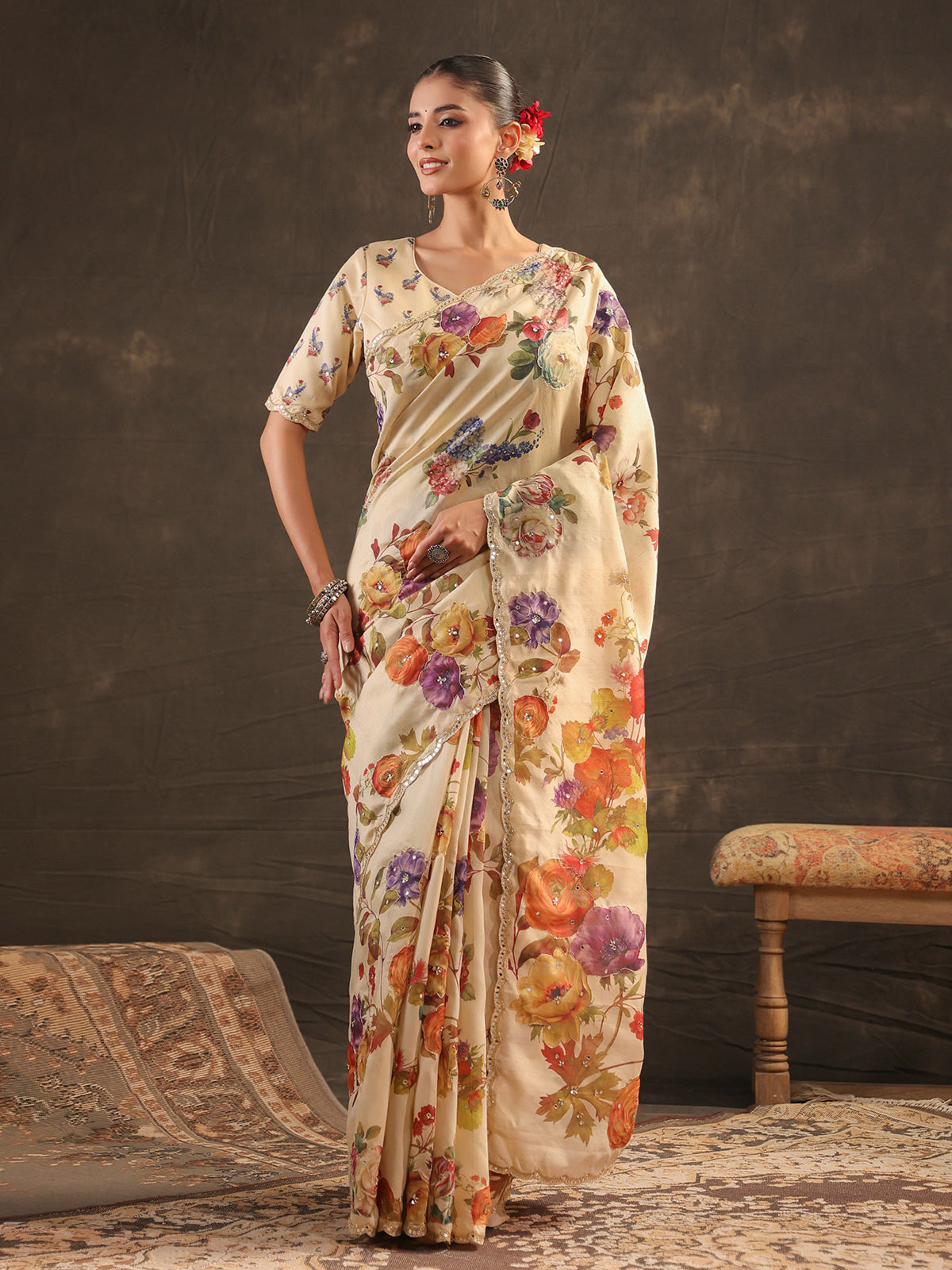 Cream floral embellished tussar saree for women