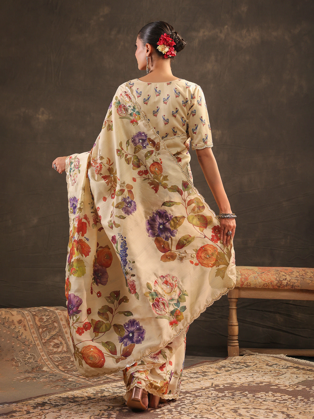 Cream floral embellished tussar saree for women