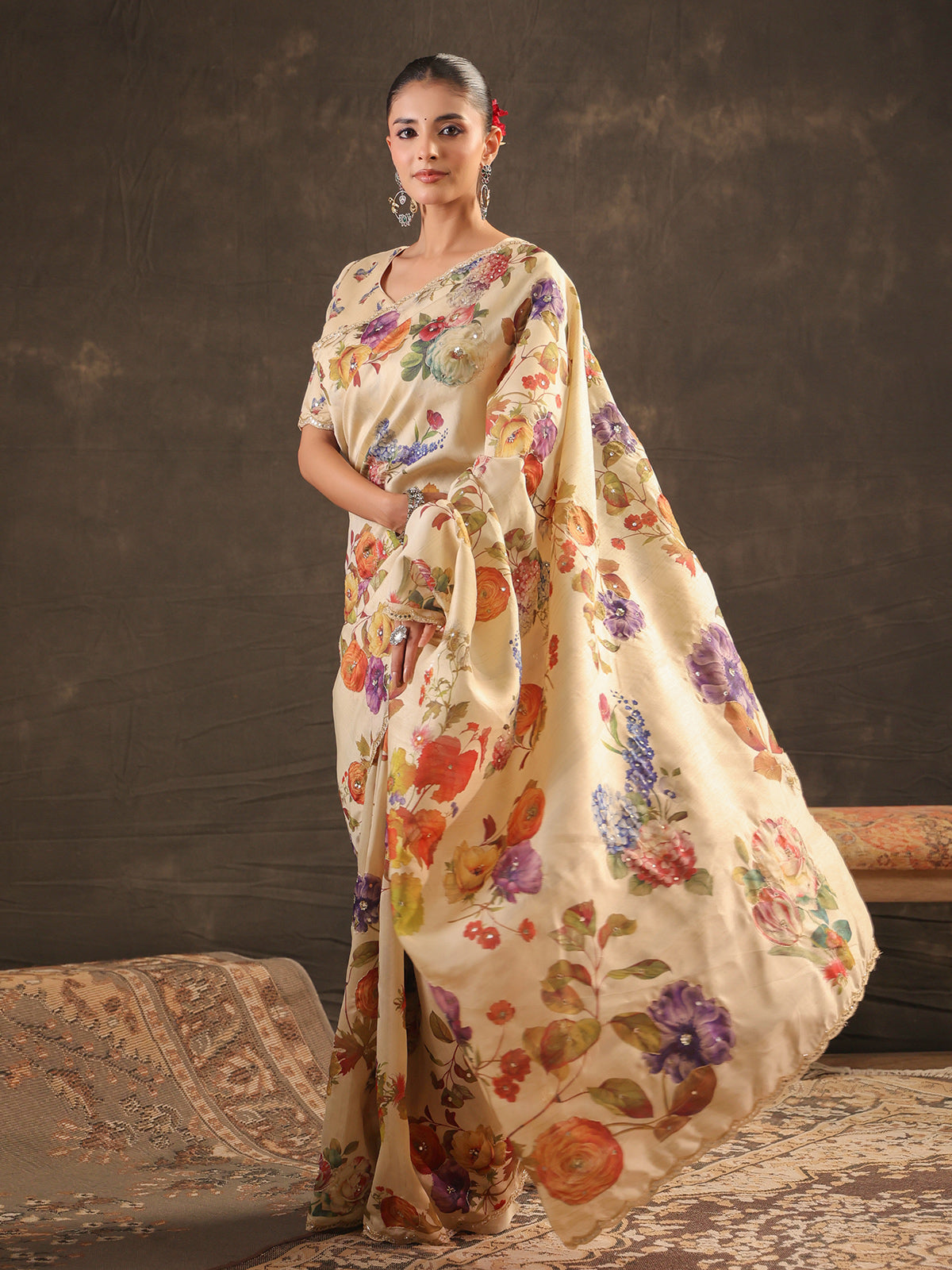 Cream floral embellished tussar saree for women