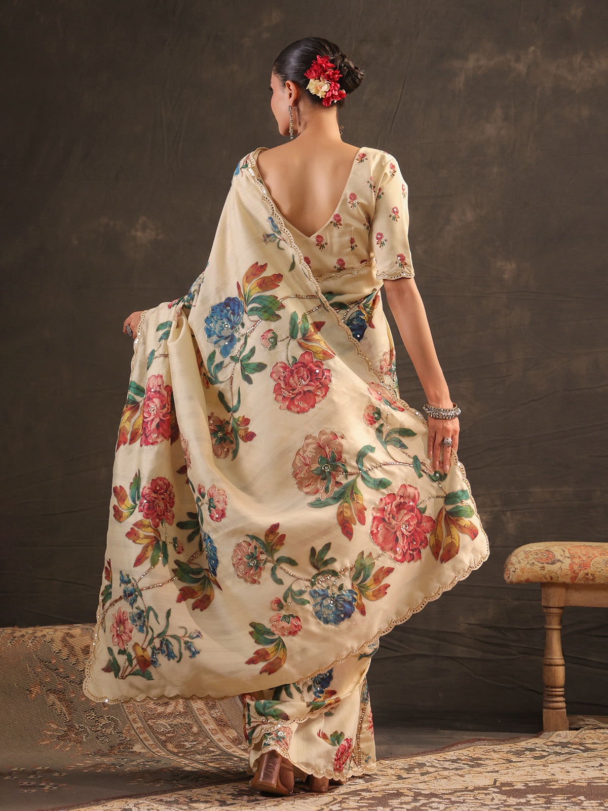 Warm ivory botanical printed saree for women