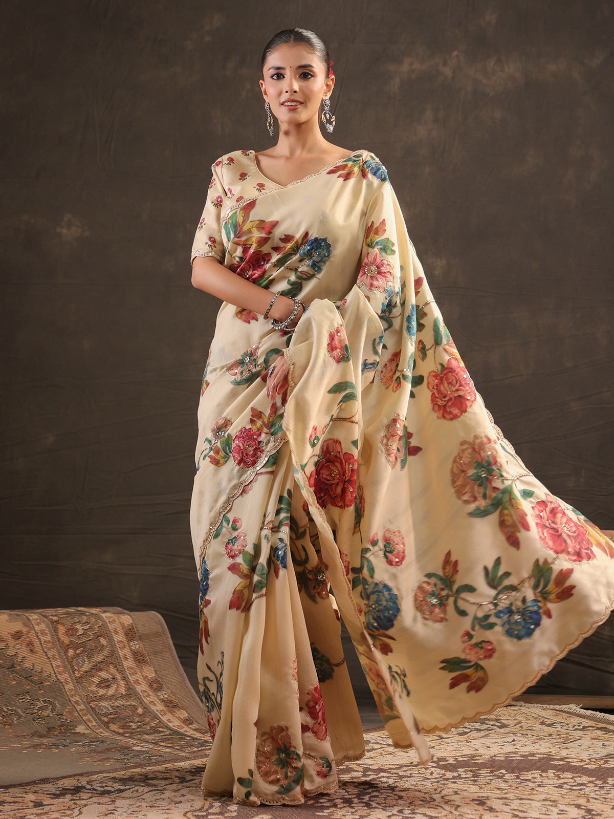 Warm ivory botanical printed saree for women