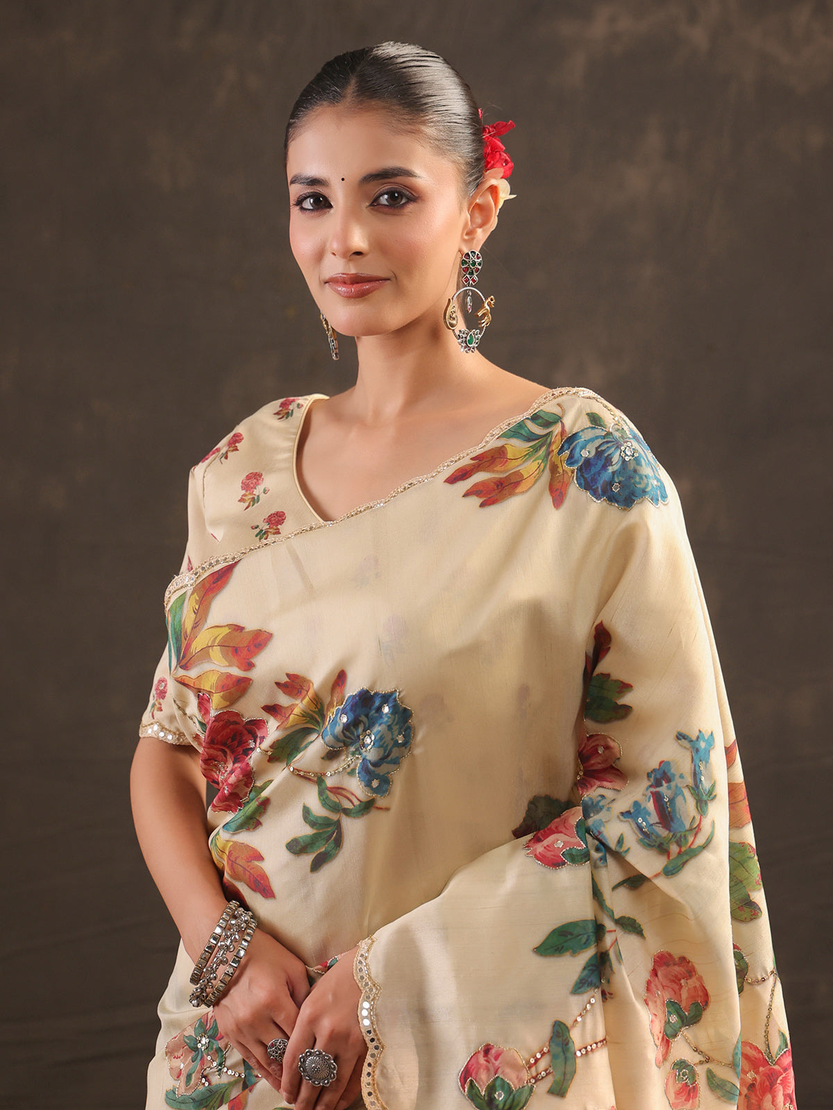 Warm ivory botanical printed saree for women