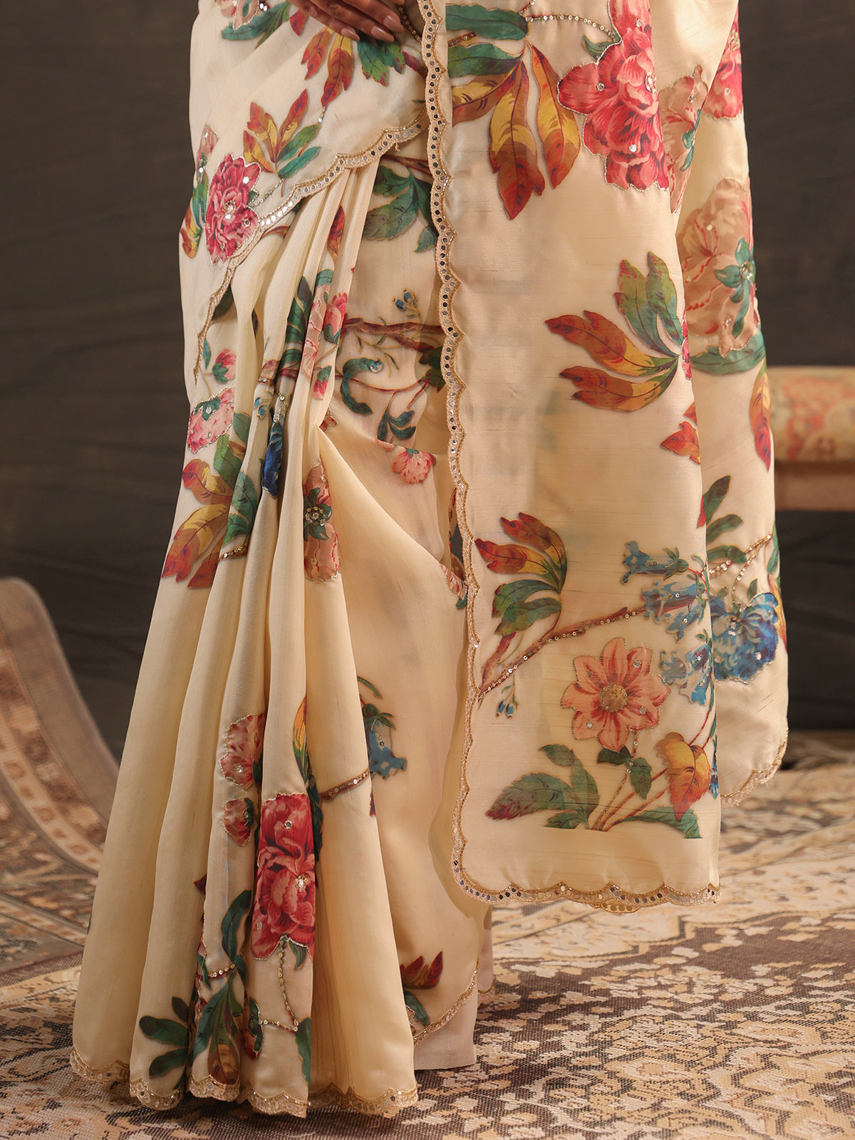 Warm ivory botanical printed saree for women