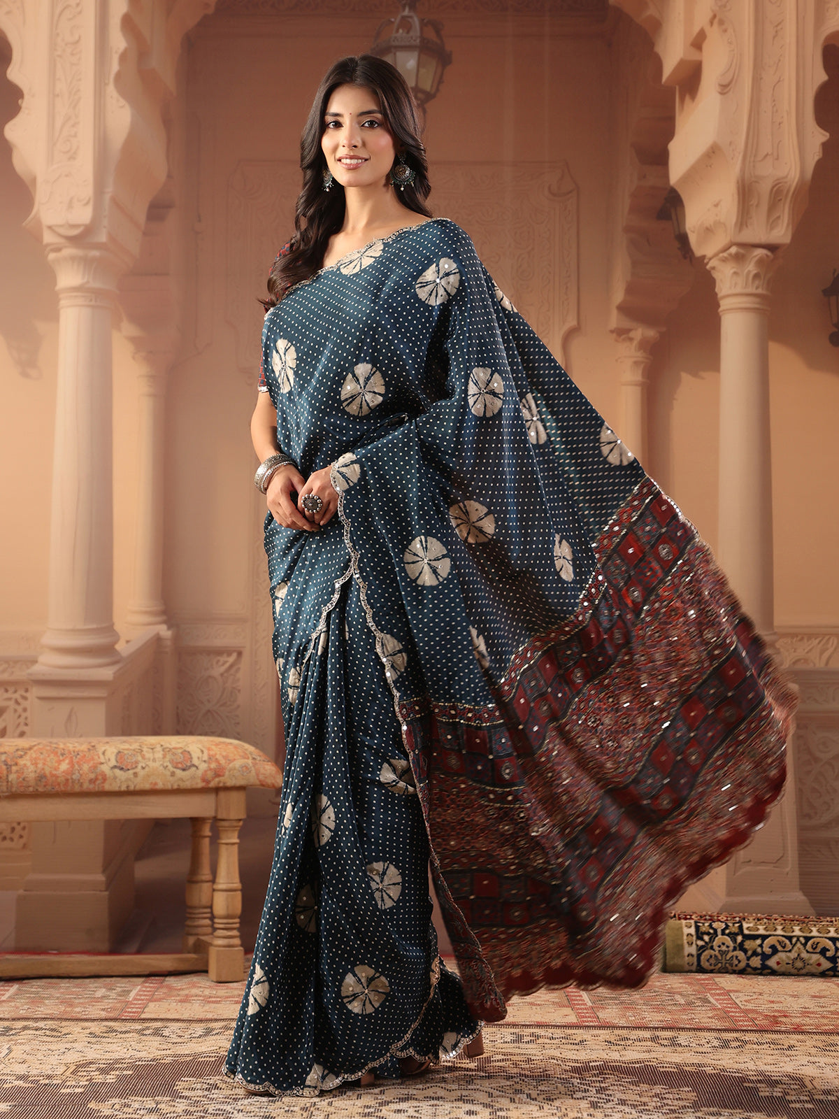 Midnight indigo bandhani printed saree for women