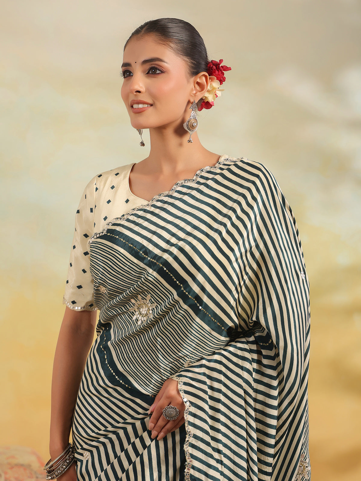 Teal green leheriya mirror work saree