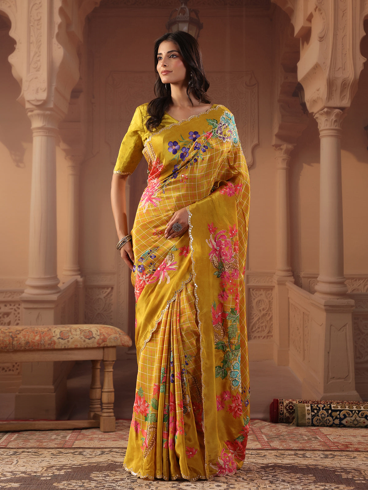 Vibrant mustard yellow fusion printed saree