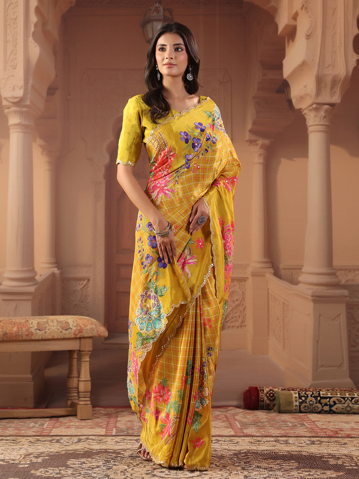 Vibrant mustard yellow fusion printed saree