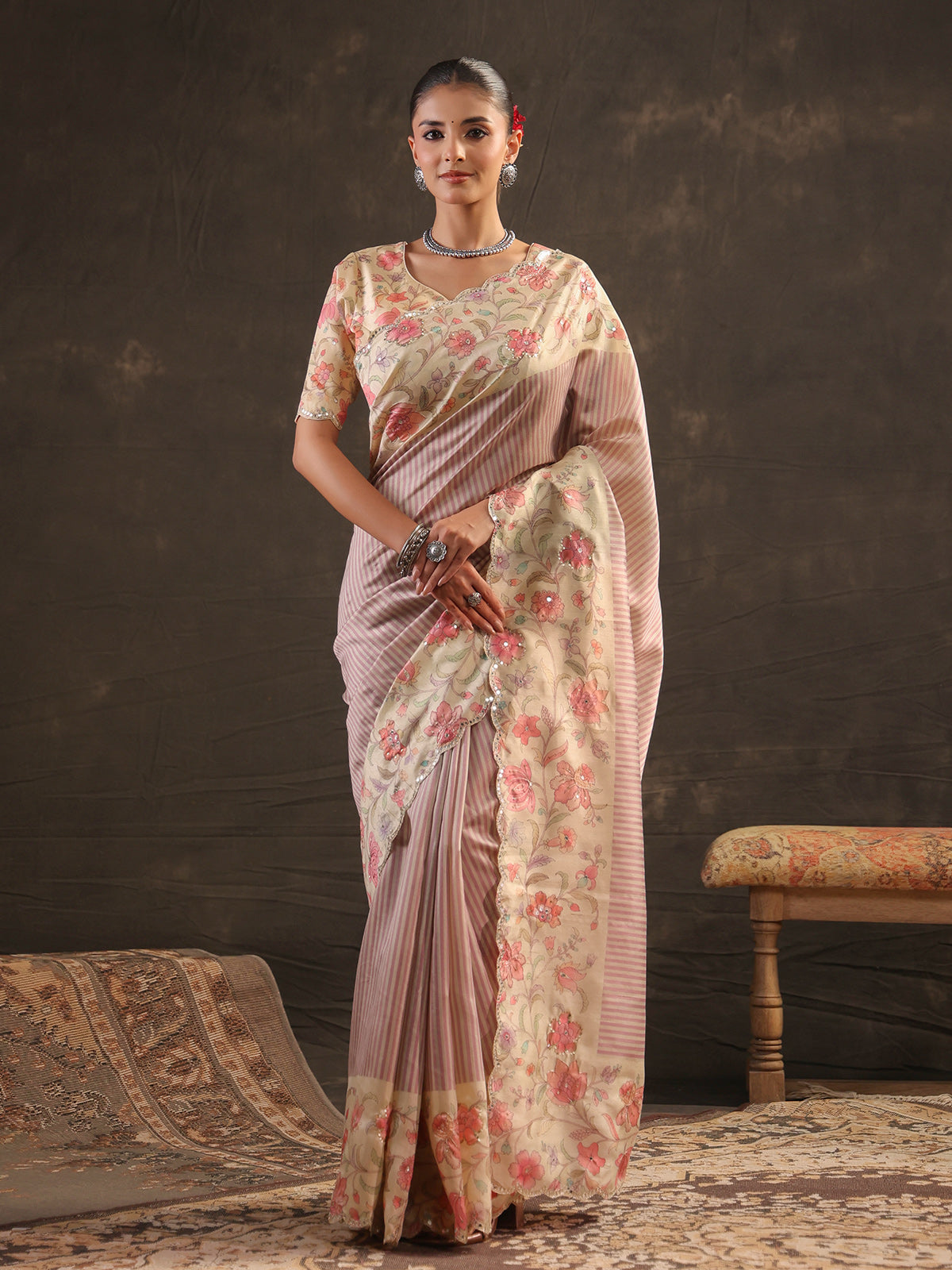 Pastel rose pink floral striped saree