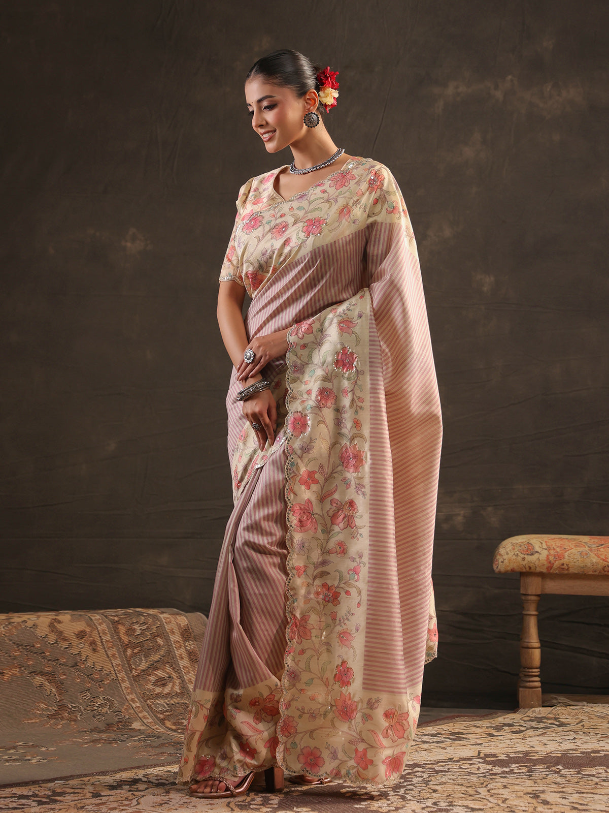 Pastel rose pink floral striped saree