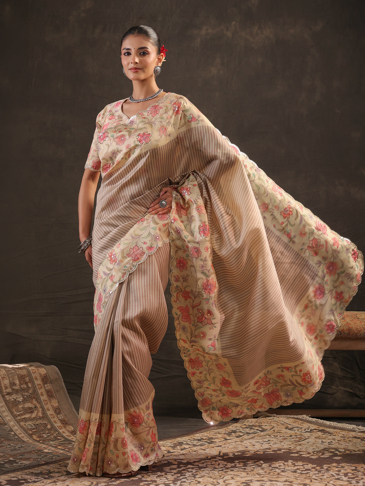 Dusty lavender kashmiri floral saree for women