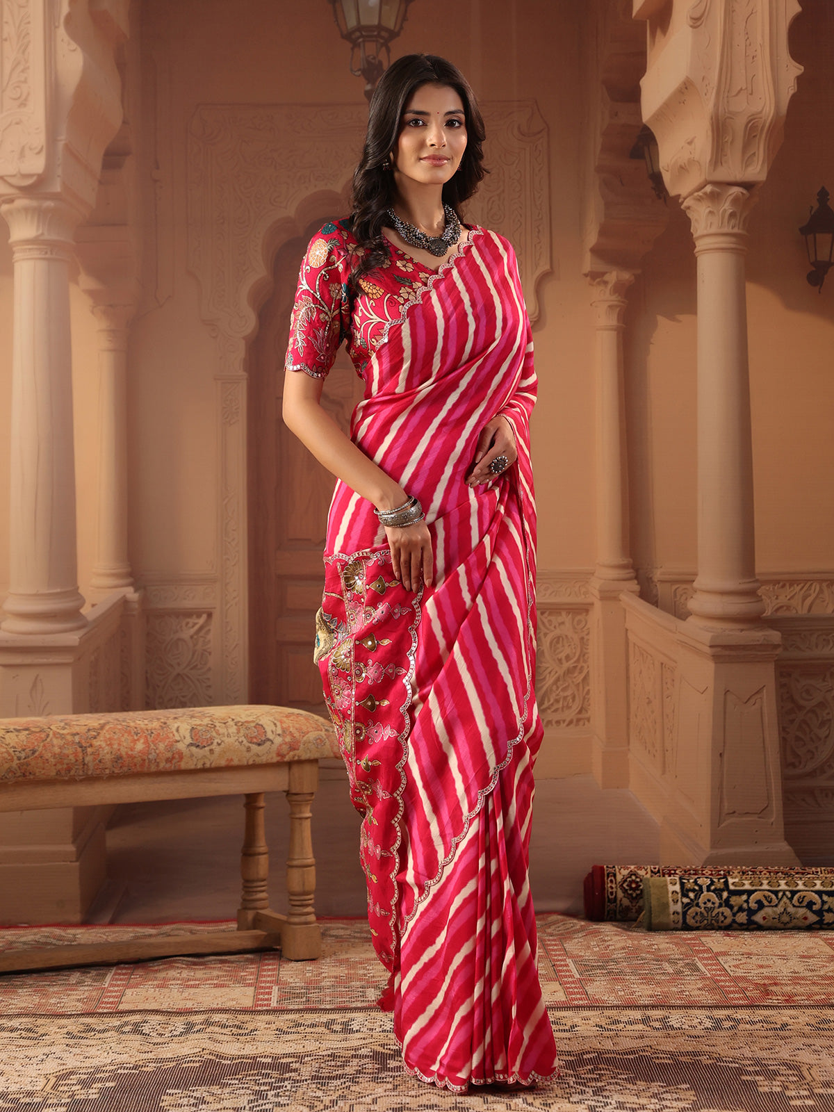 Vibrant rani pink leheriya saree for women