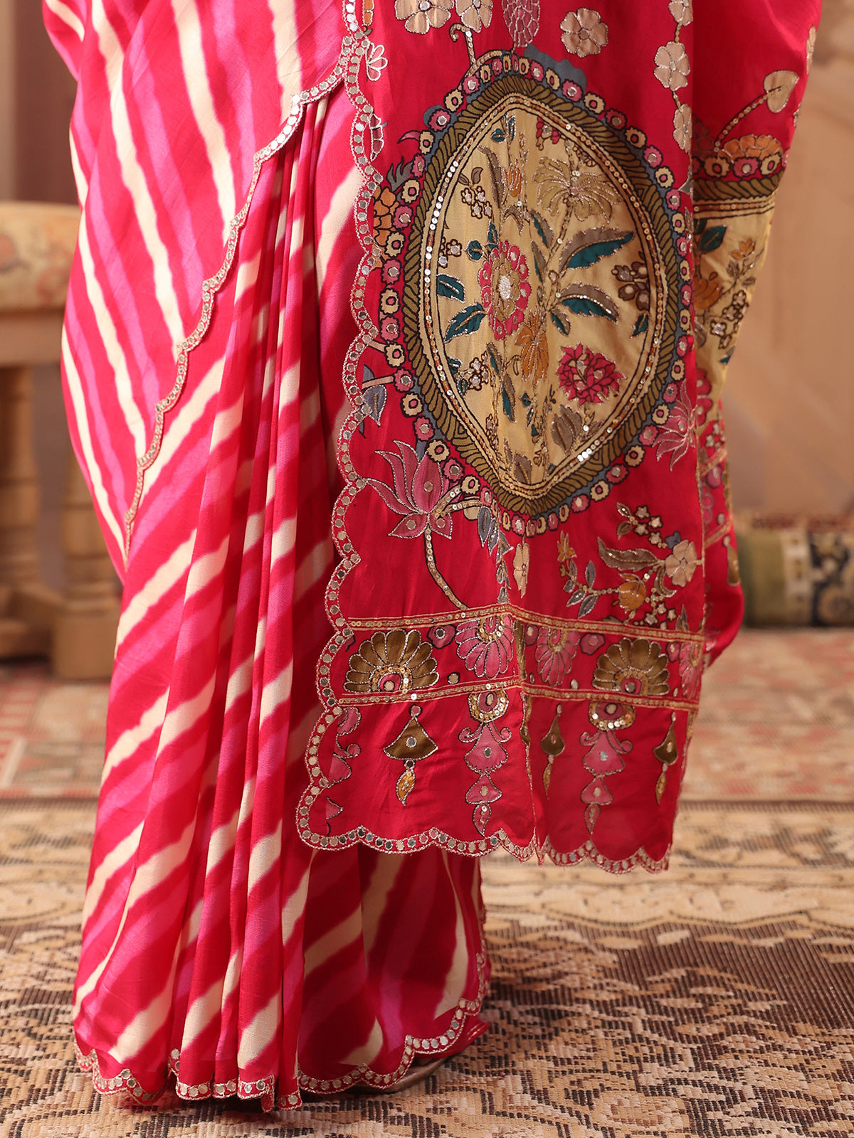 Vibrant rani pink leheriya saree for women