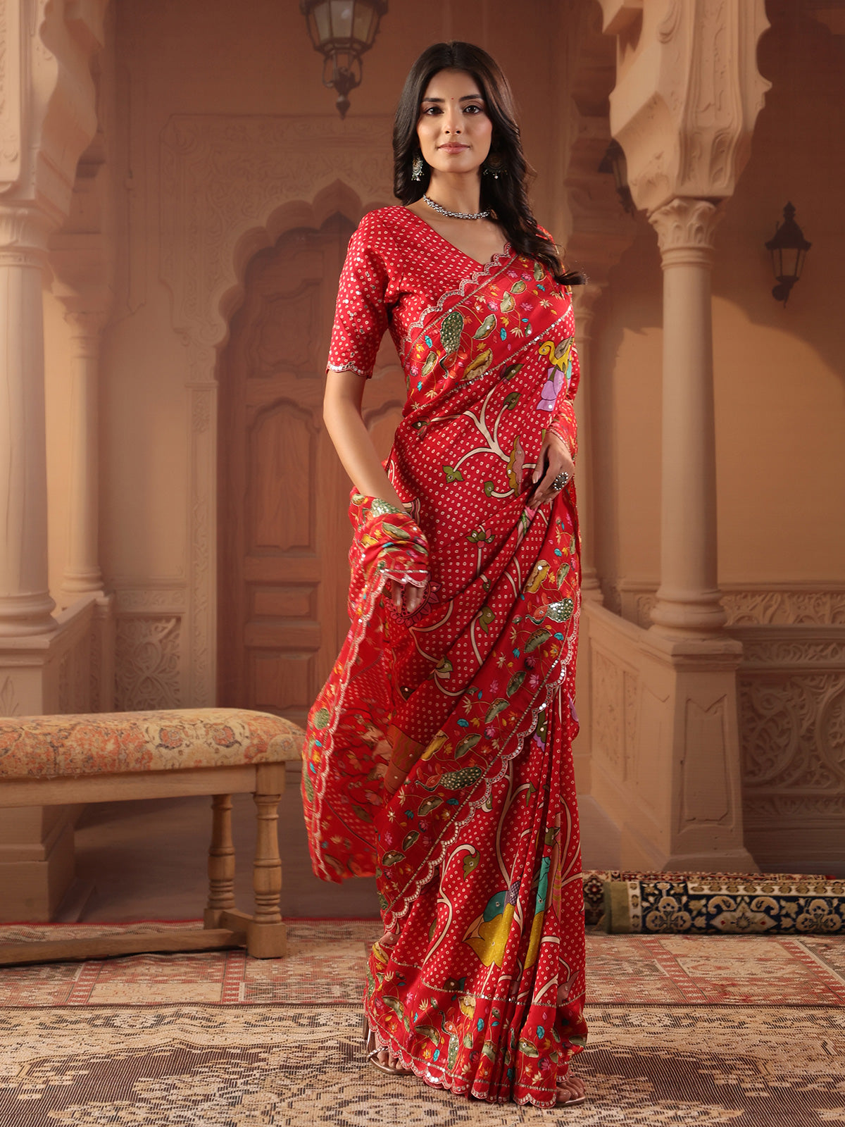 Vermilion red peacock bandhani saree for women