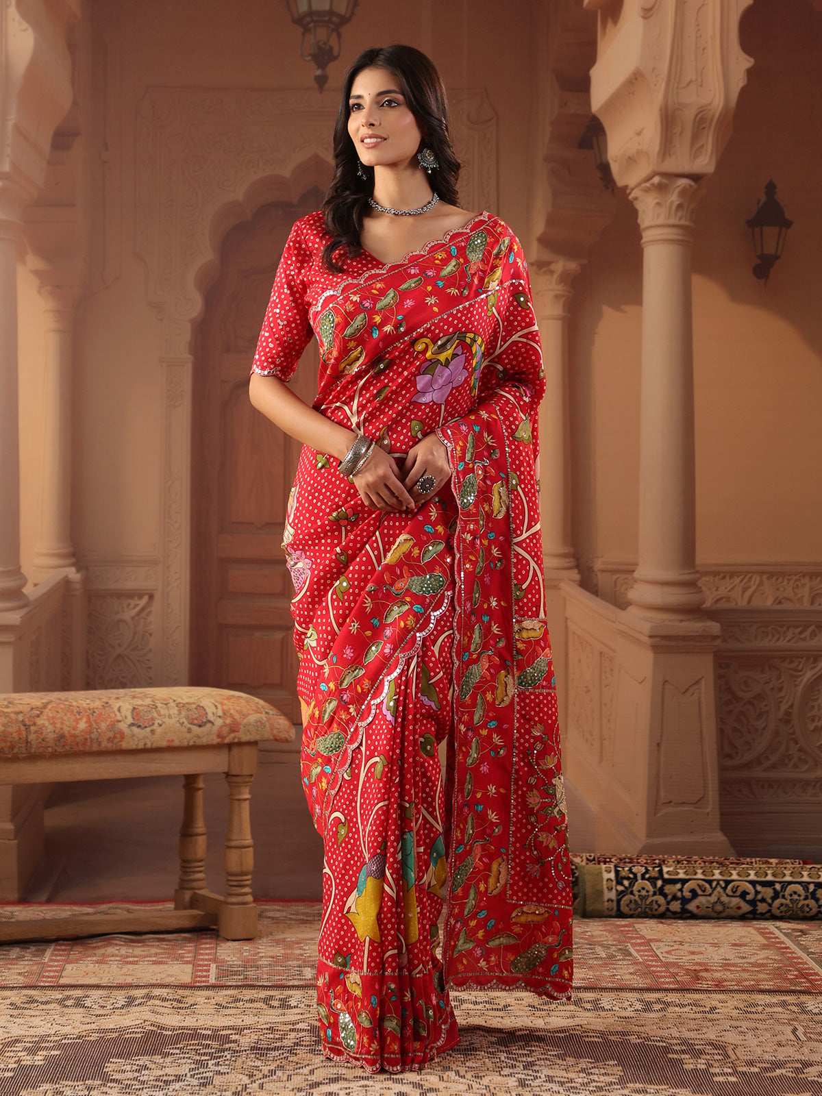 Vermilion red peacock bandhani saree for women