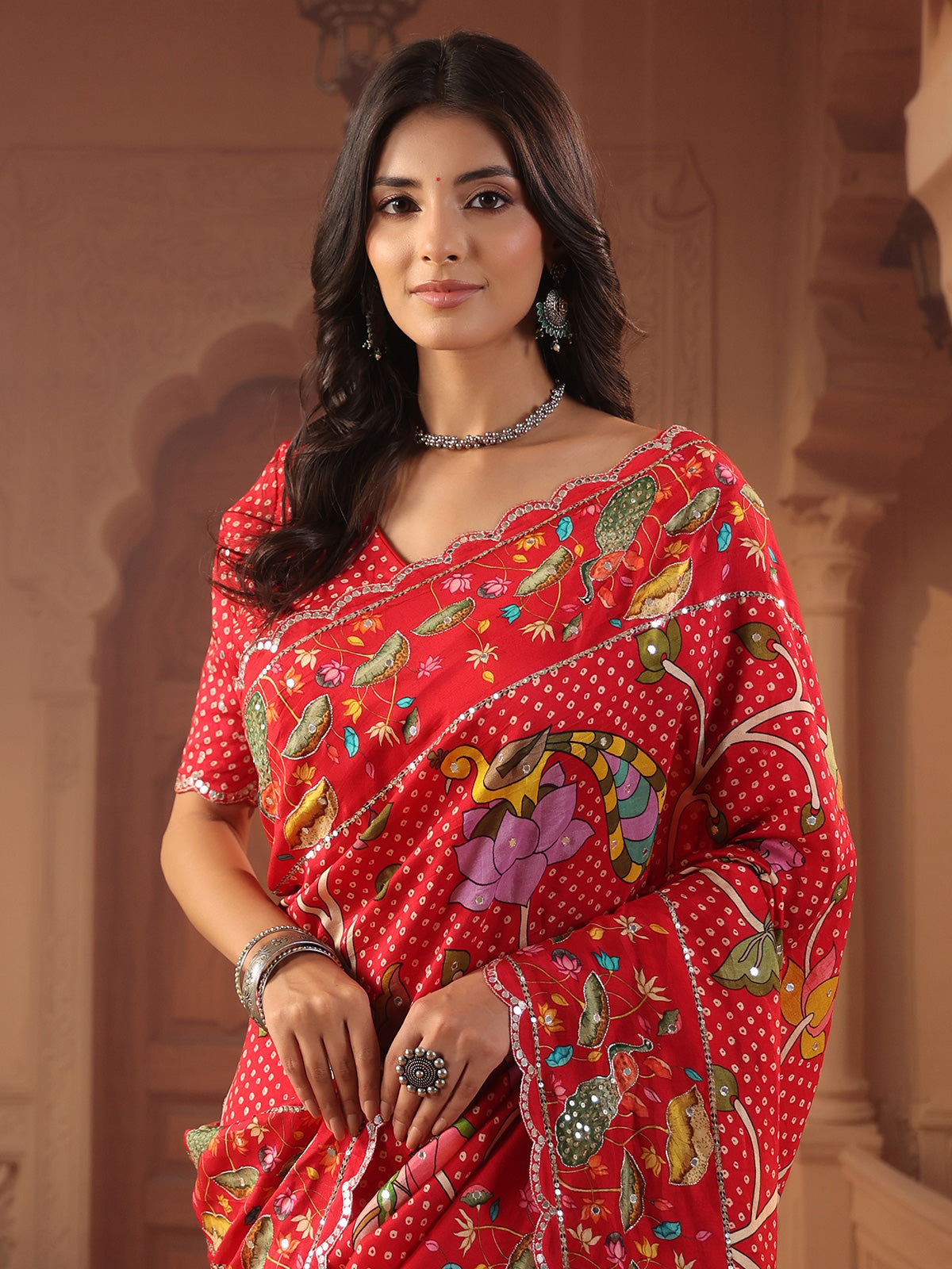 Vermilion red peacock bandhani saree for women