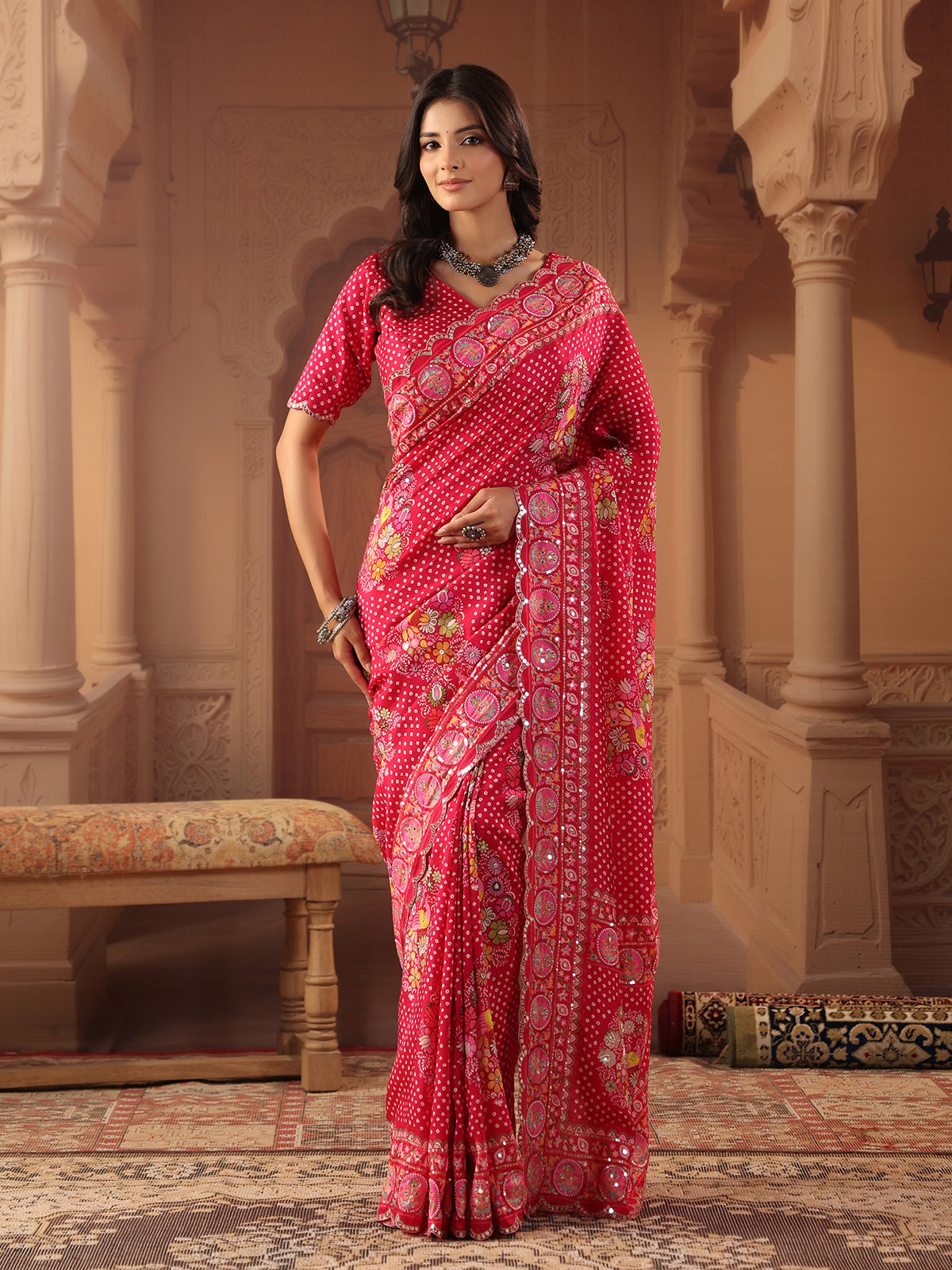 Ruby pink bandhani chakra saree for women