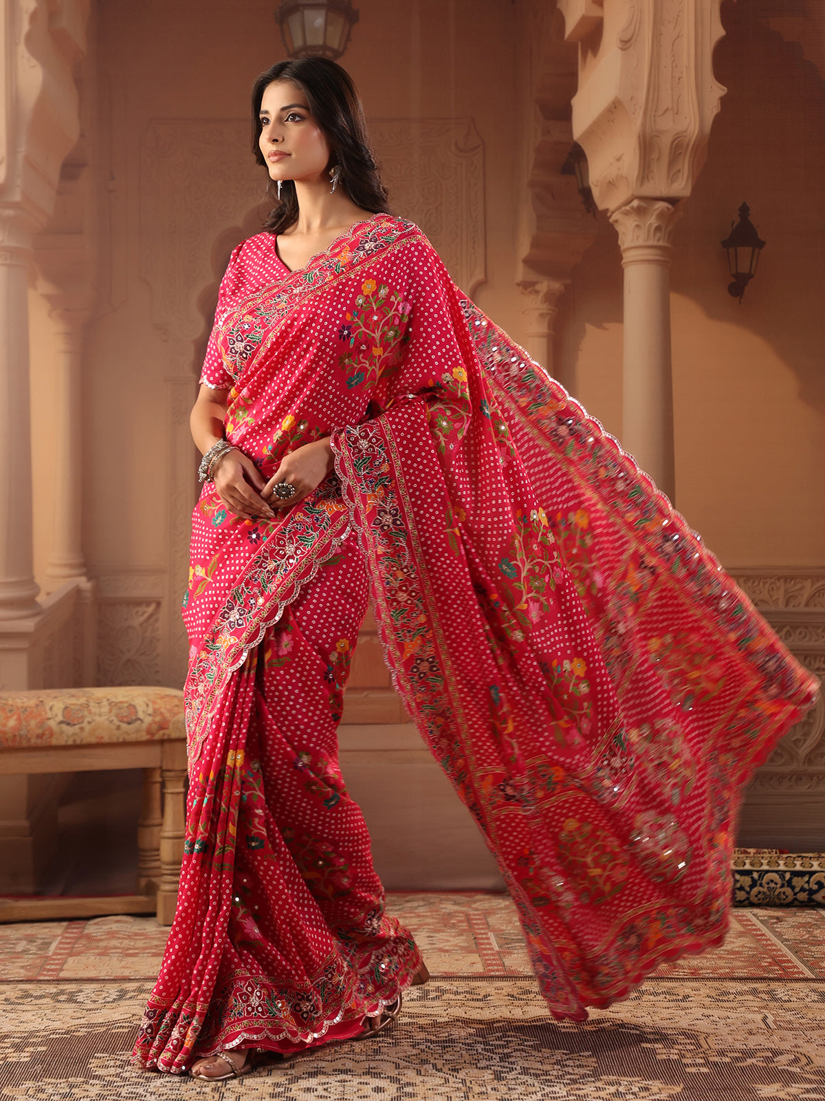 Rani pink floral bandhani saree for women