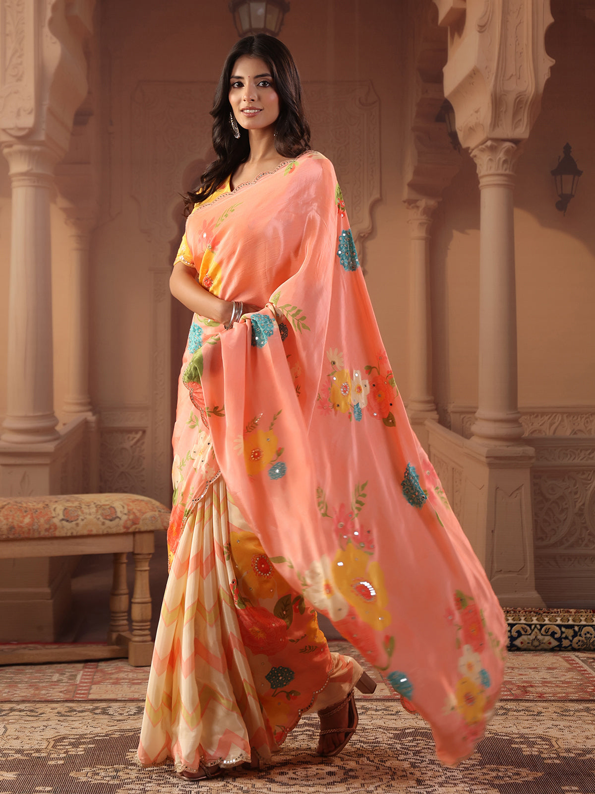 Peach chevron shaded printed saree for women