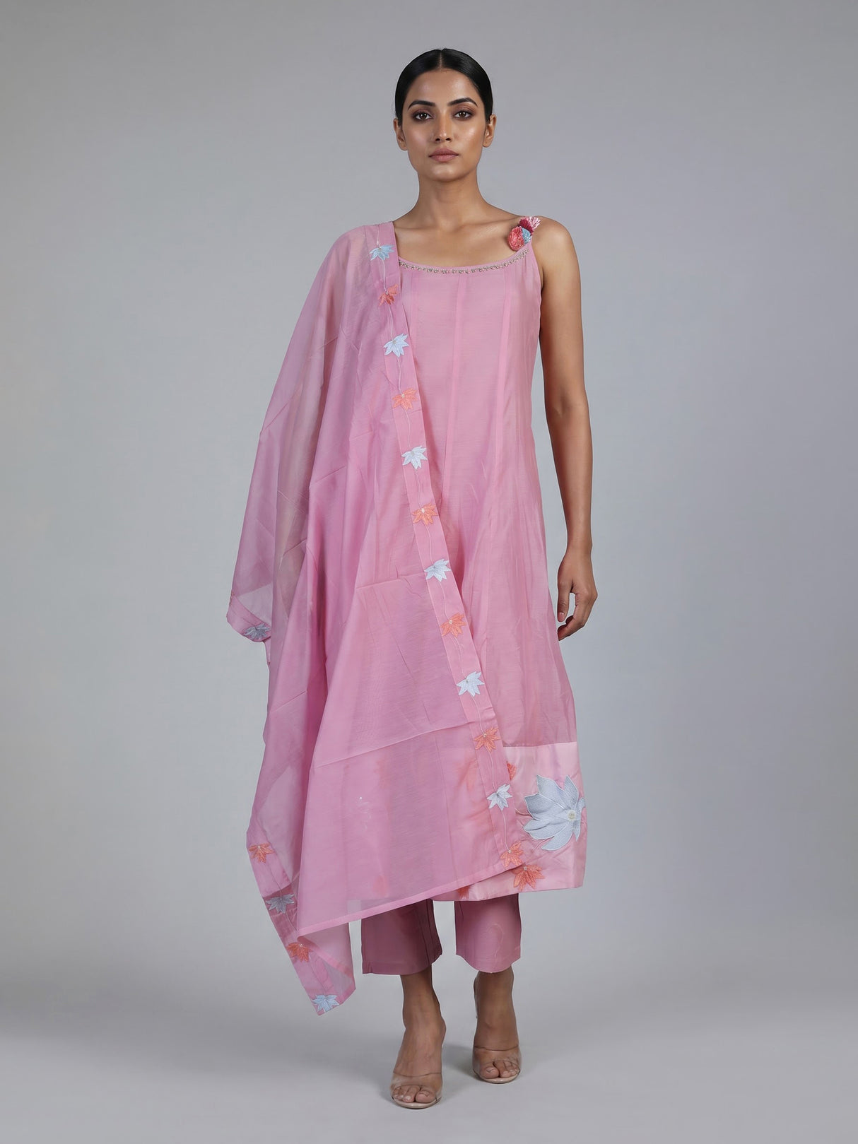 Elegant pink silk blend anarkali kurti set with floral embroidery