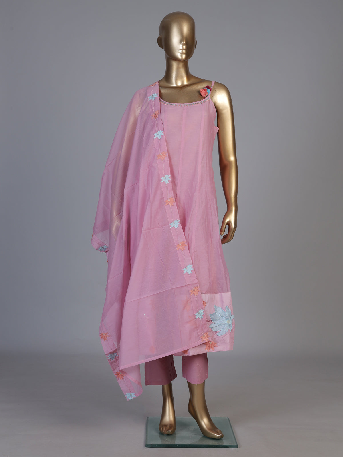 Elegant pink silk blend anarkali kurti set with floral embroidery