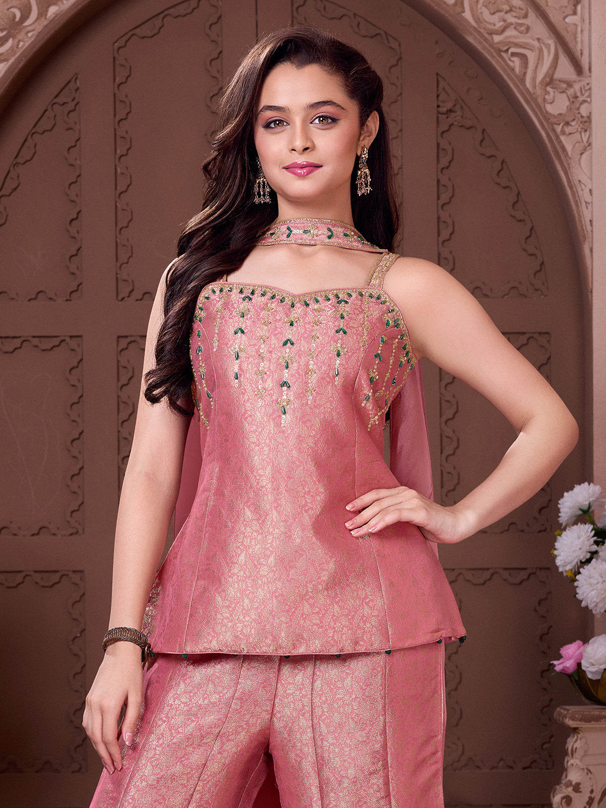Blush coral pink girls festive palazzo suit