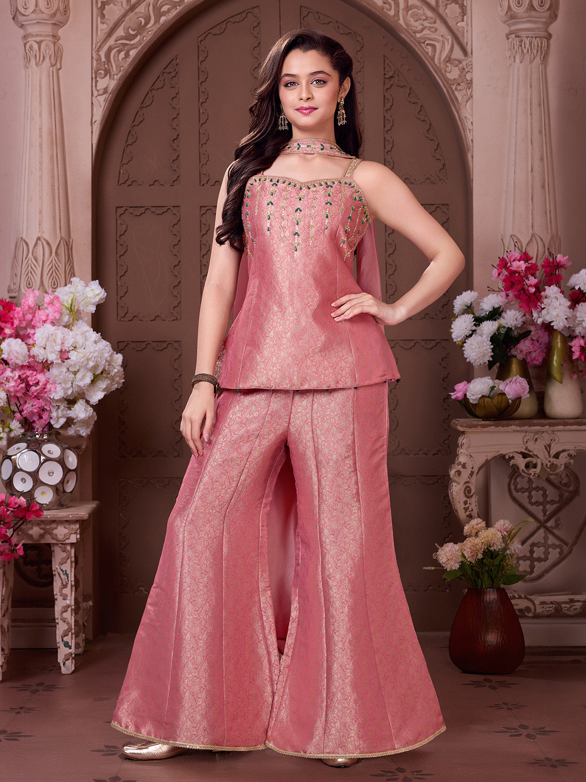 Blush coral pink girls festive palazzo suit