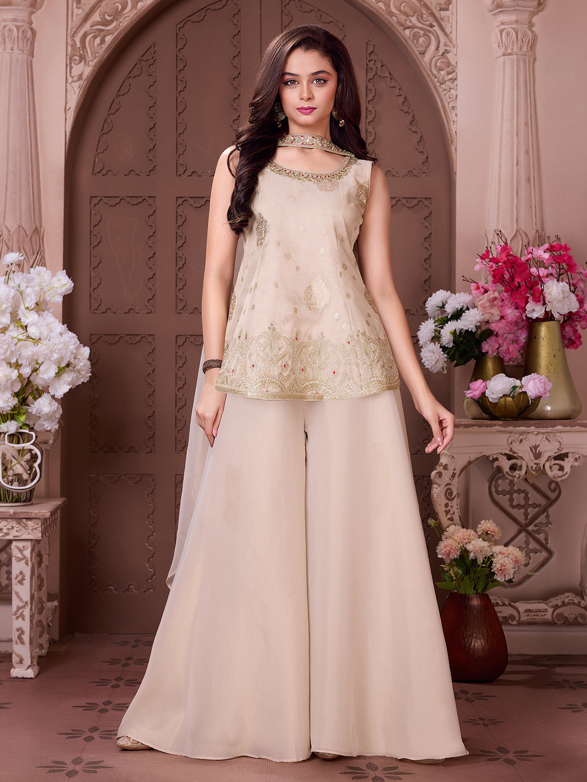 Cream floral zari girls palazzo suit