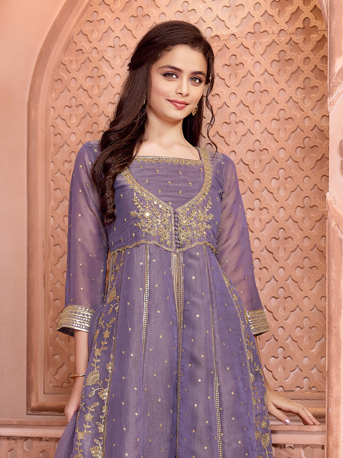 Dusty mauve blue organza girls palazzo suit