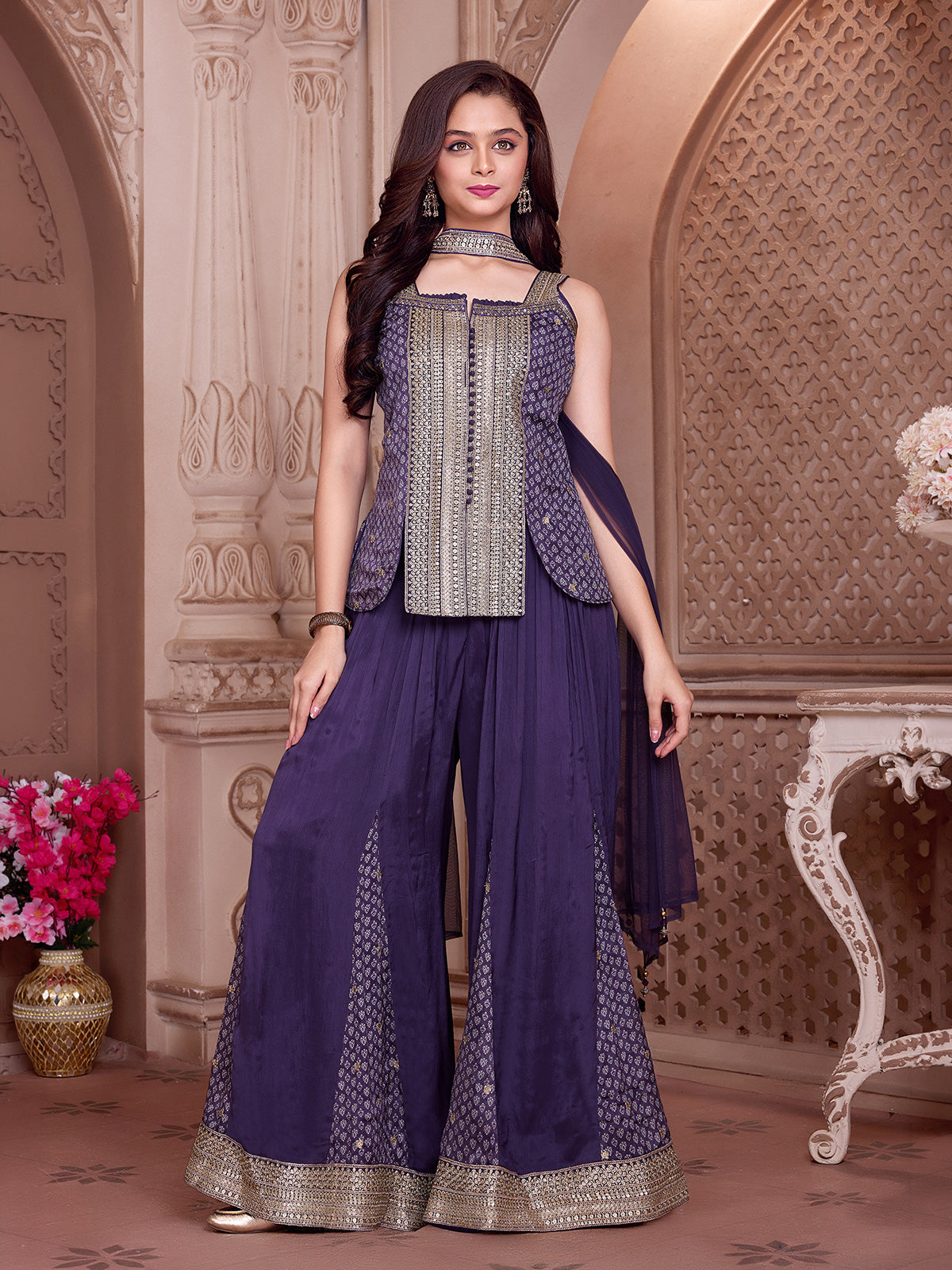 Purple mirror work girls sharara suit