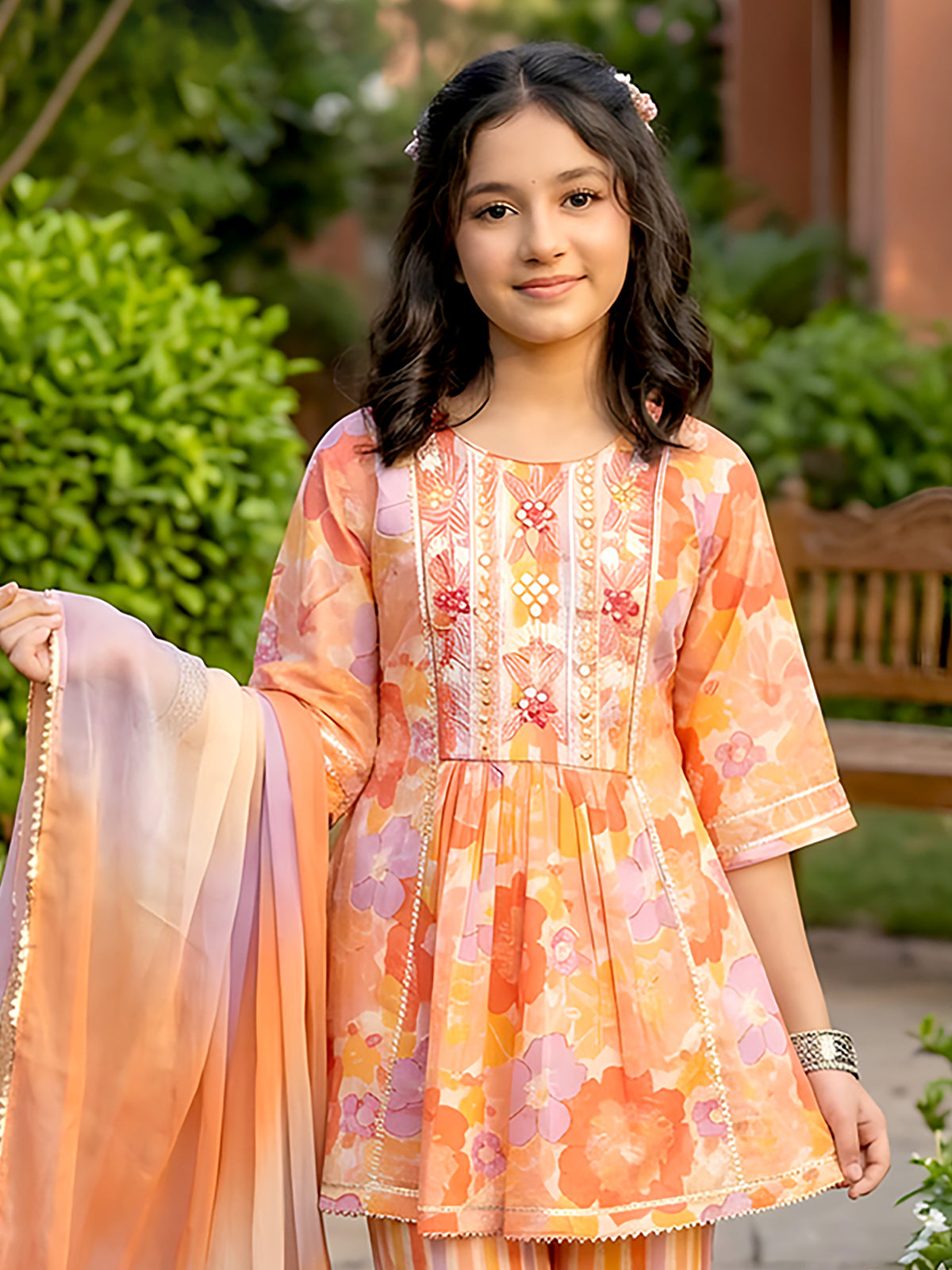 Peach floral printed girls palazzo suit