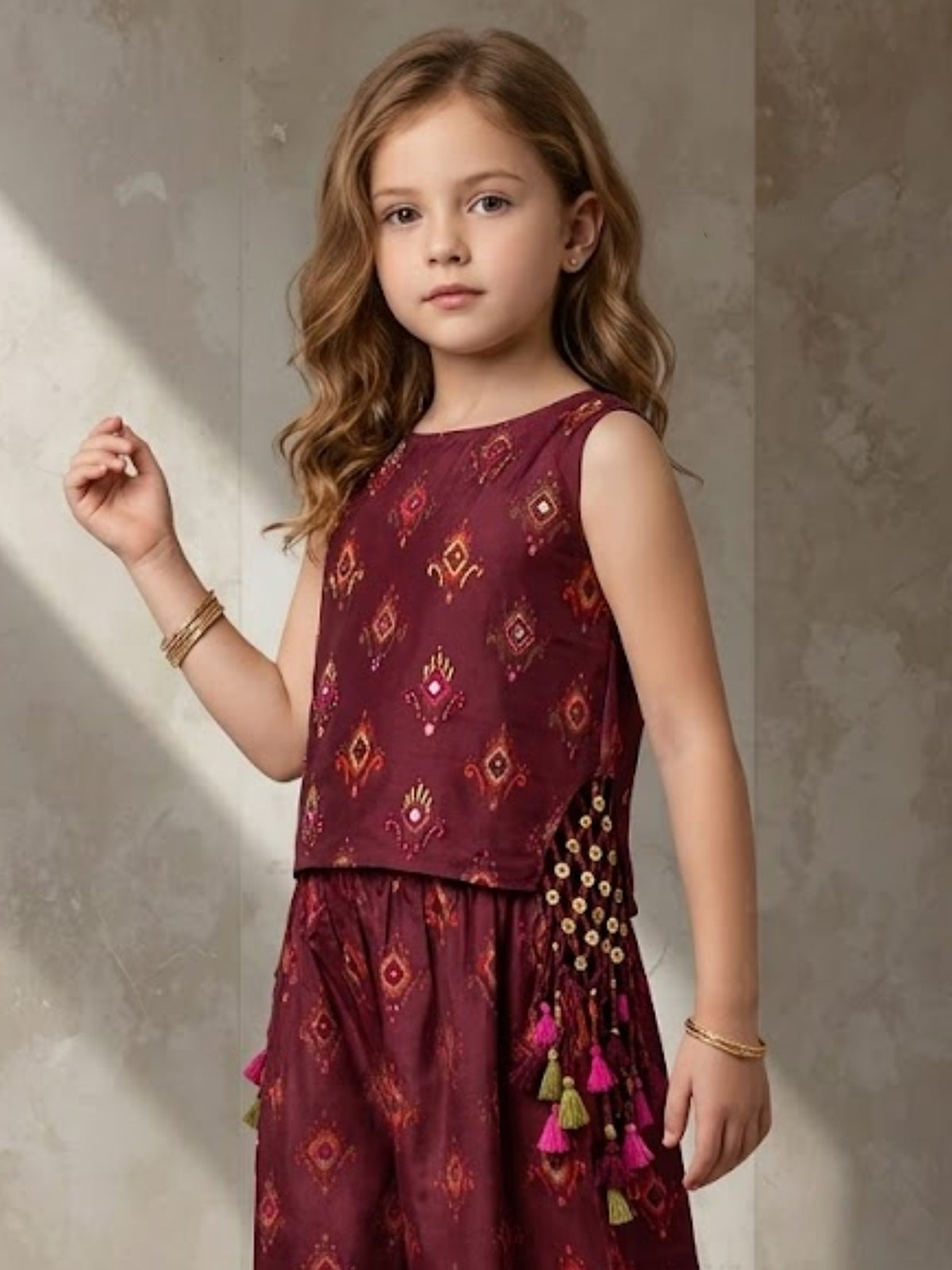 Maroon ikat printed girls palazzo suit