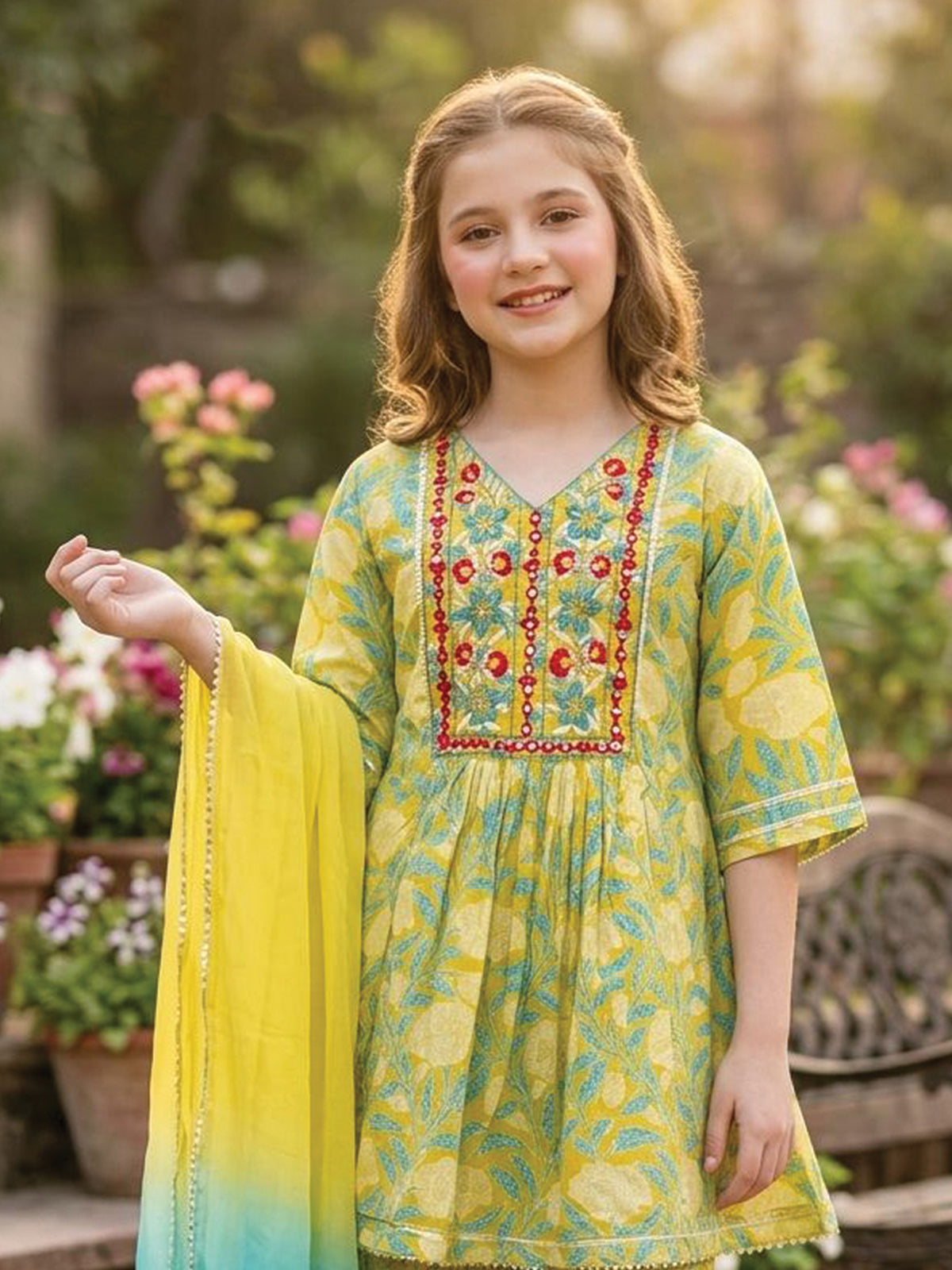 Green jaipuri printed girls sharara suit