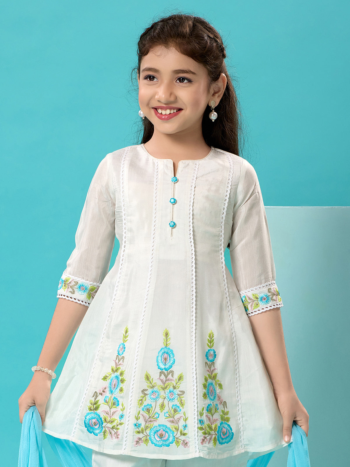White embroidered girls pant suit