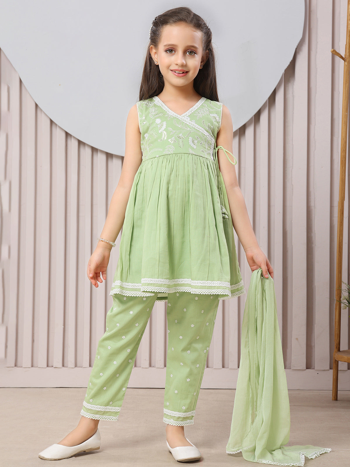 Pista green angrakha girls pant suit