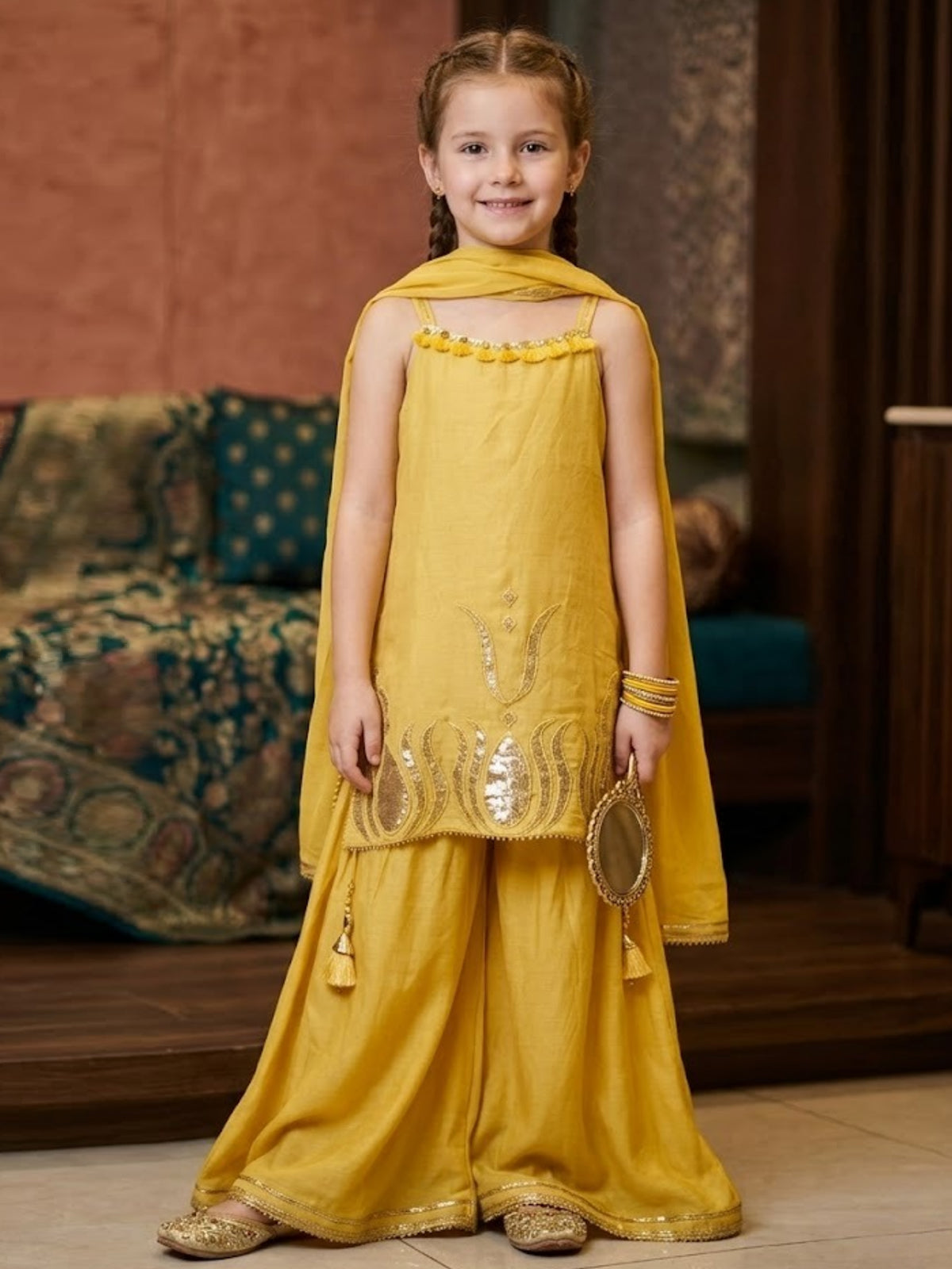 Mustard yellow gota patti girls palazzo suit