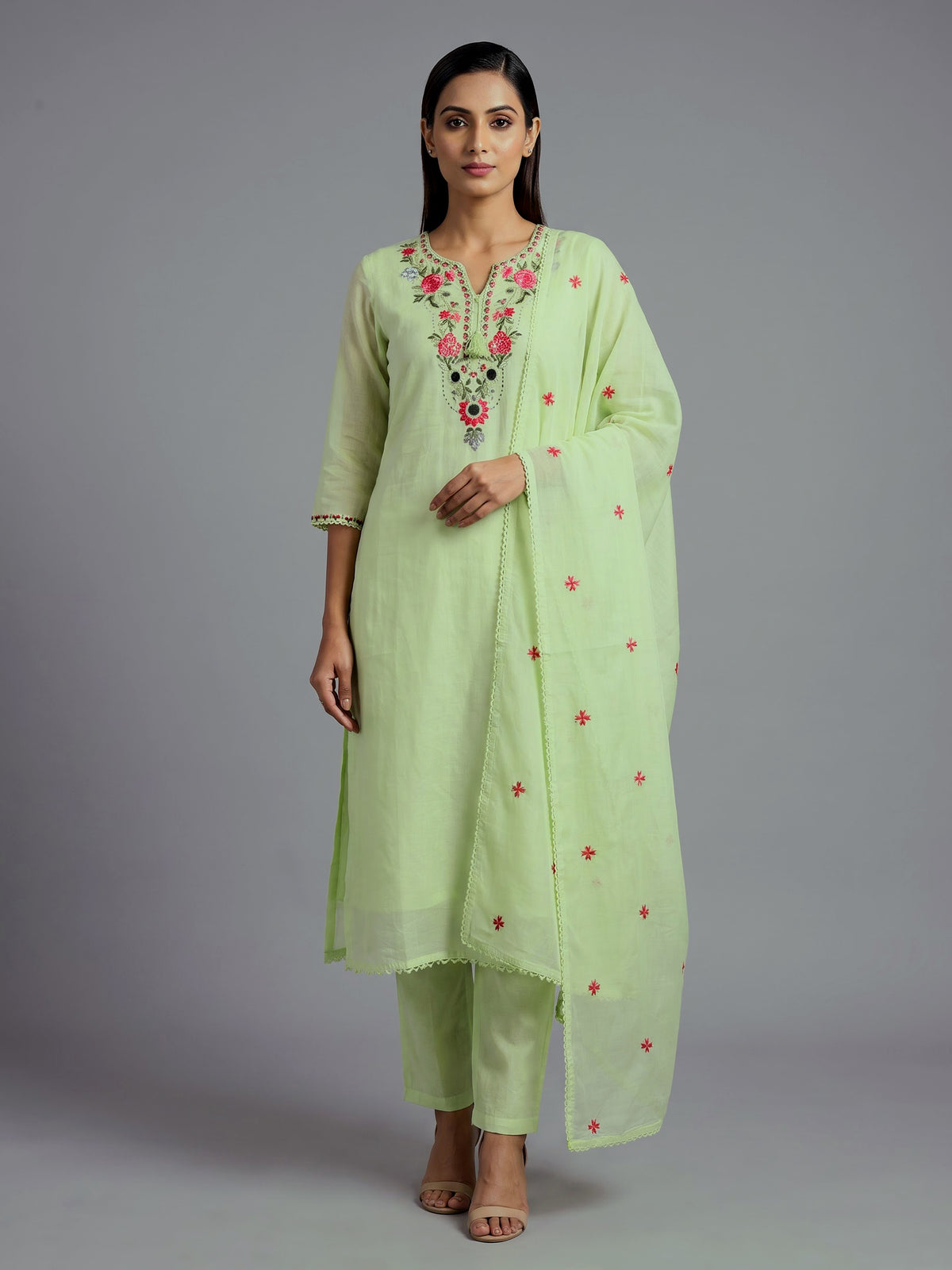 Pista green chanderi silk straight cut kurti set