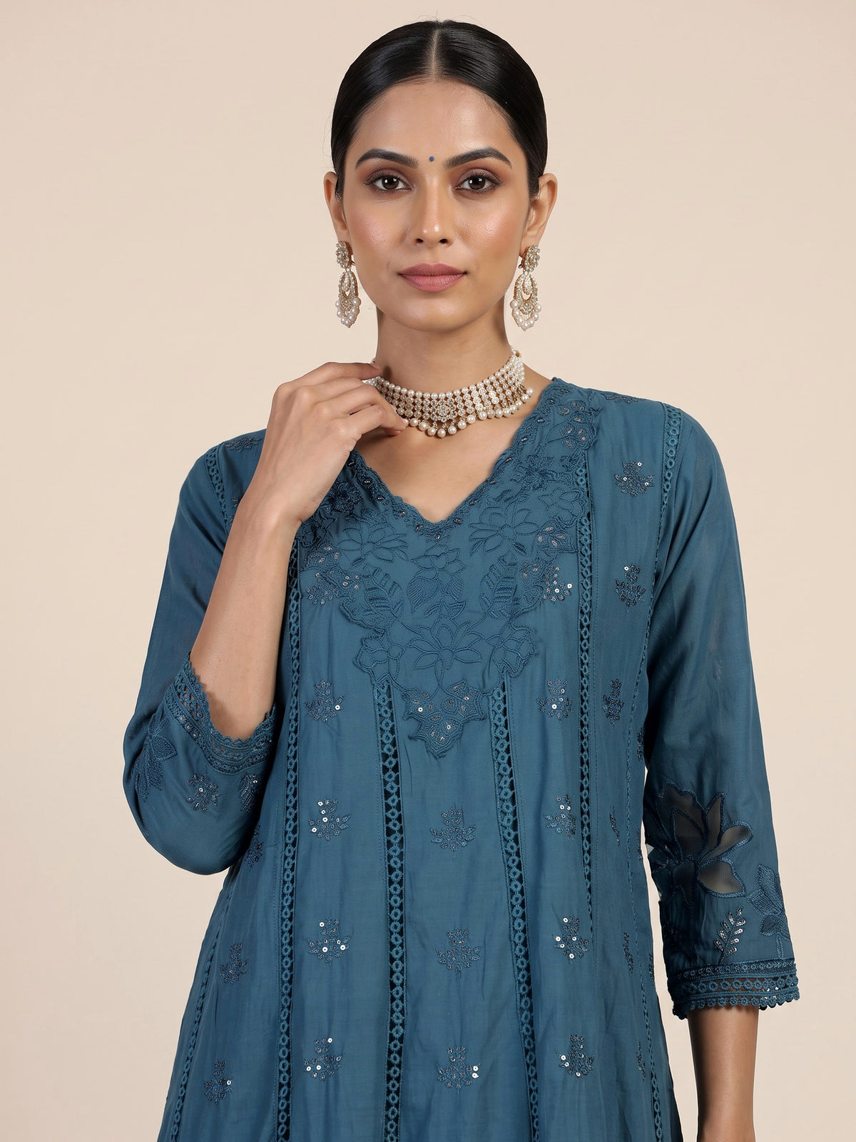 Teal blue cotton silk blend anarkali kurti set