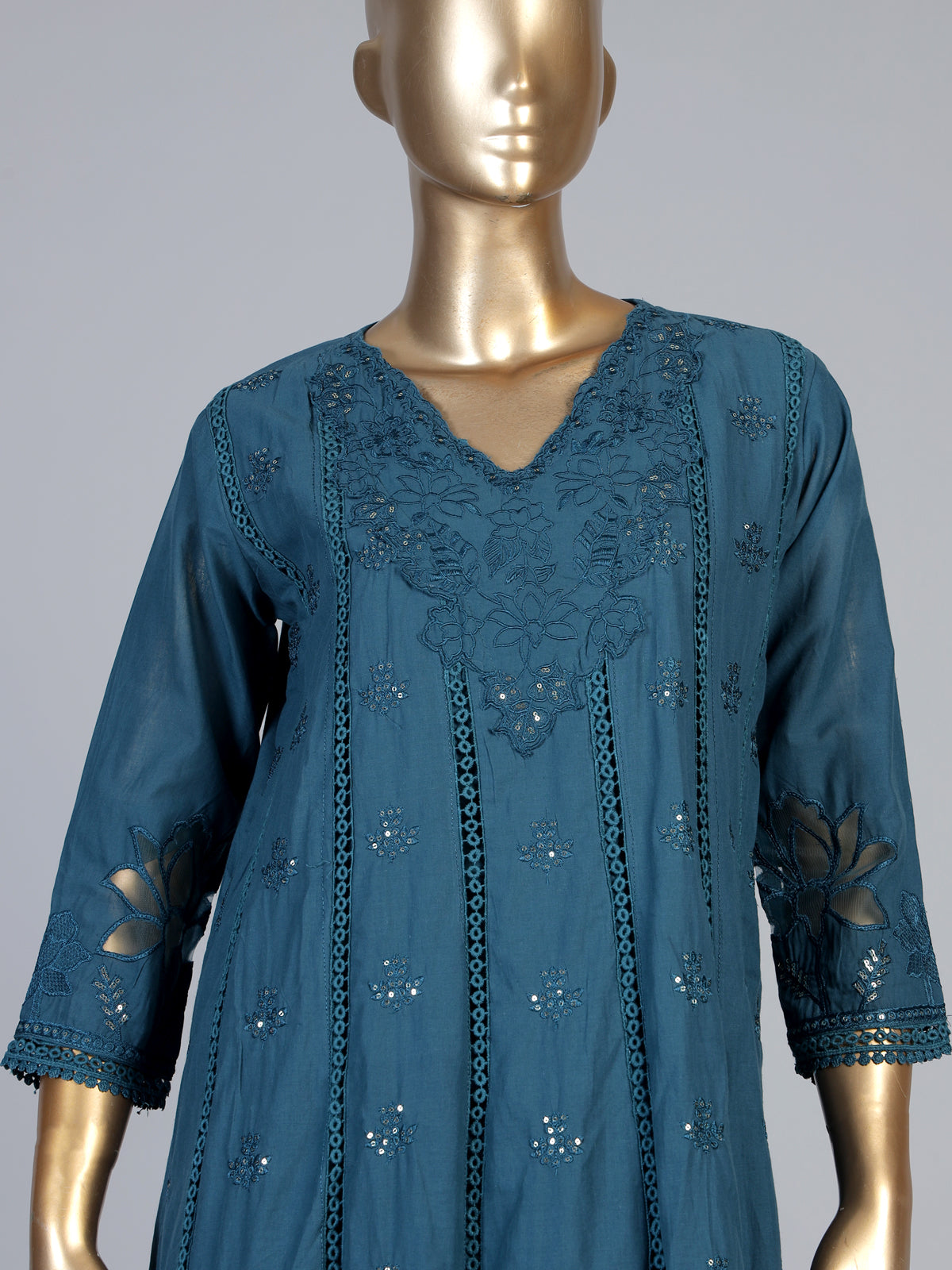 Teal blue cotton silk blend anarkali kurti set