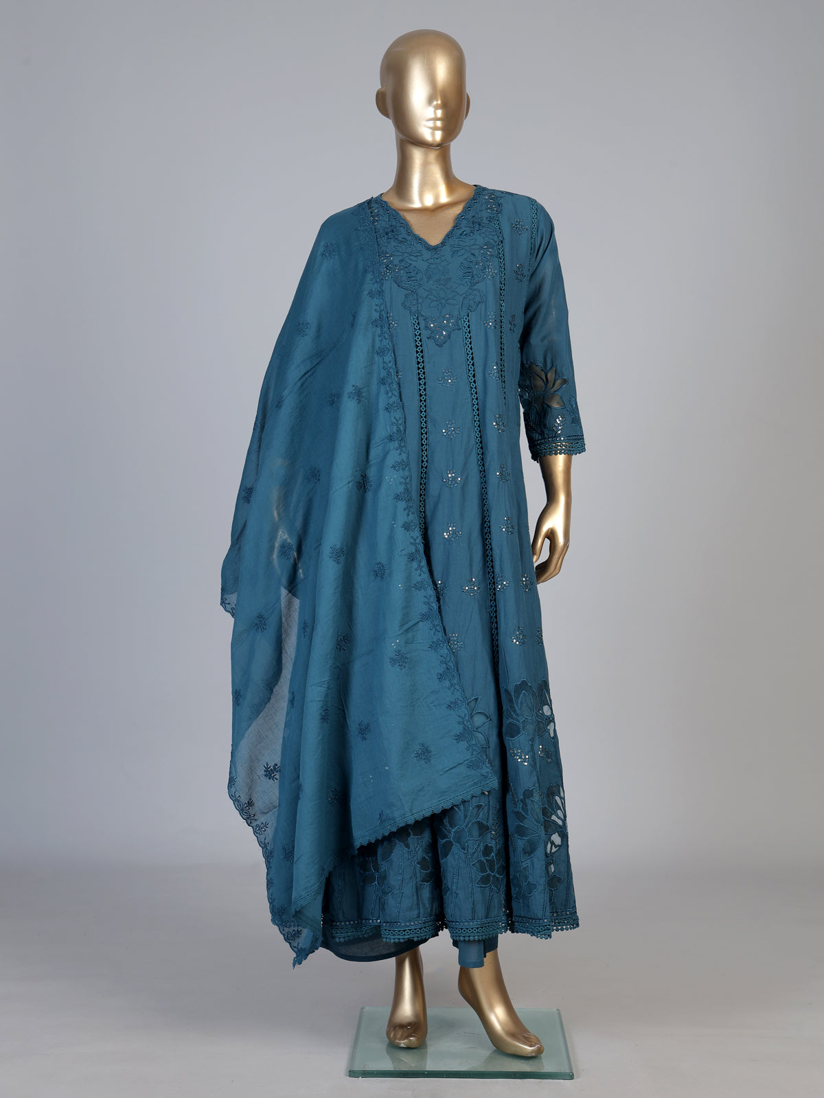 Teal blue cotton silk blend anarkali kurti set