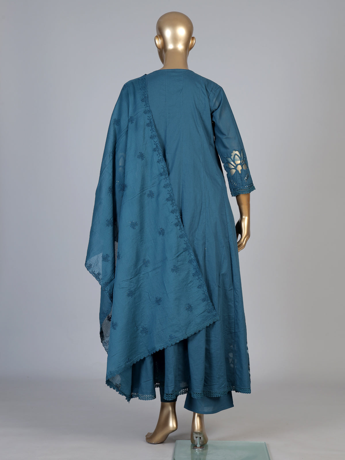 Teal blue cotton silk blend anarkali kurti set