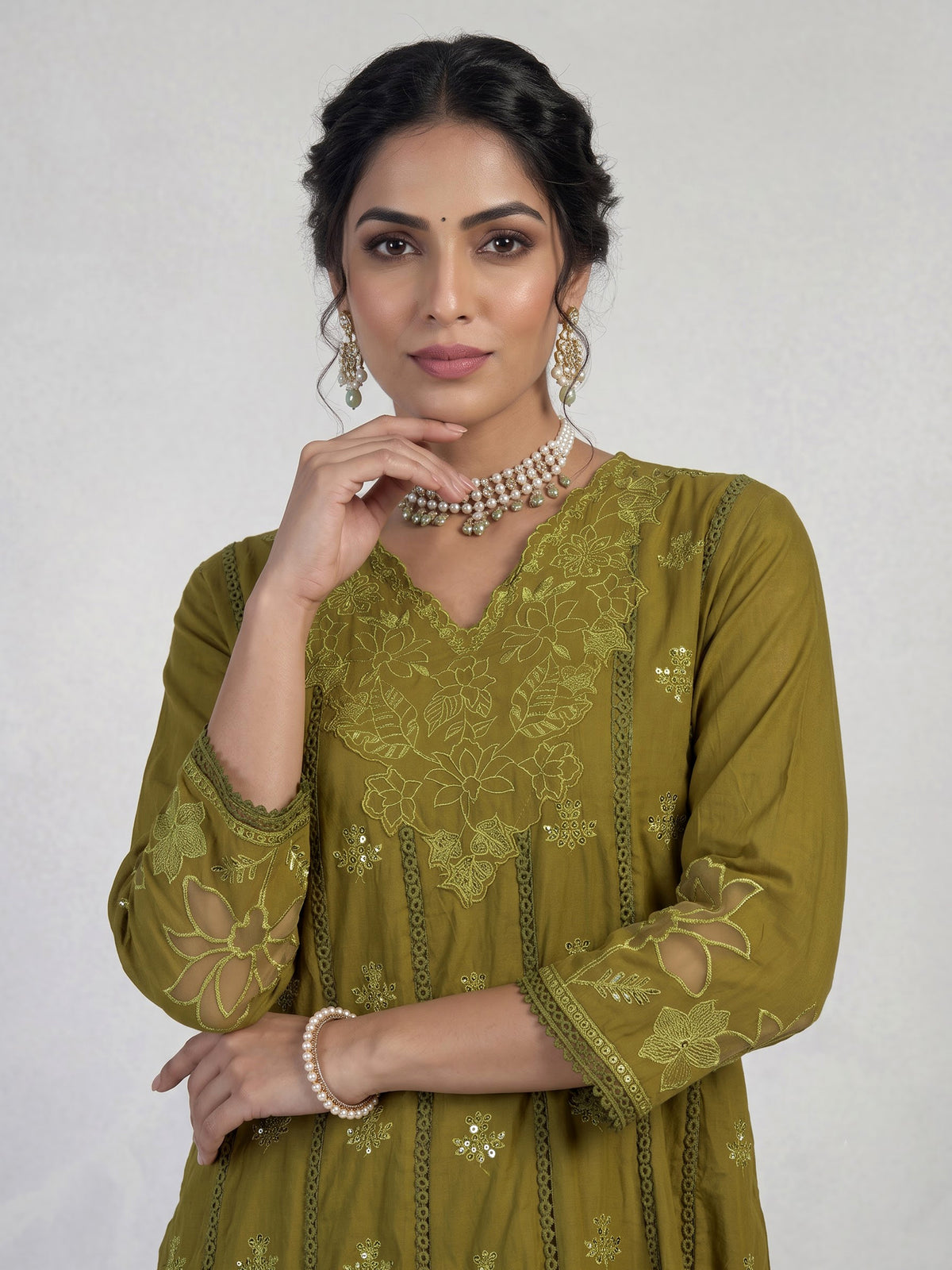 Mehendi green cotton silk blend anarkali kurti set