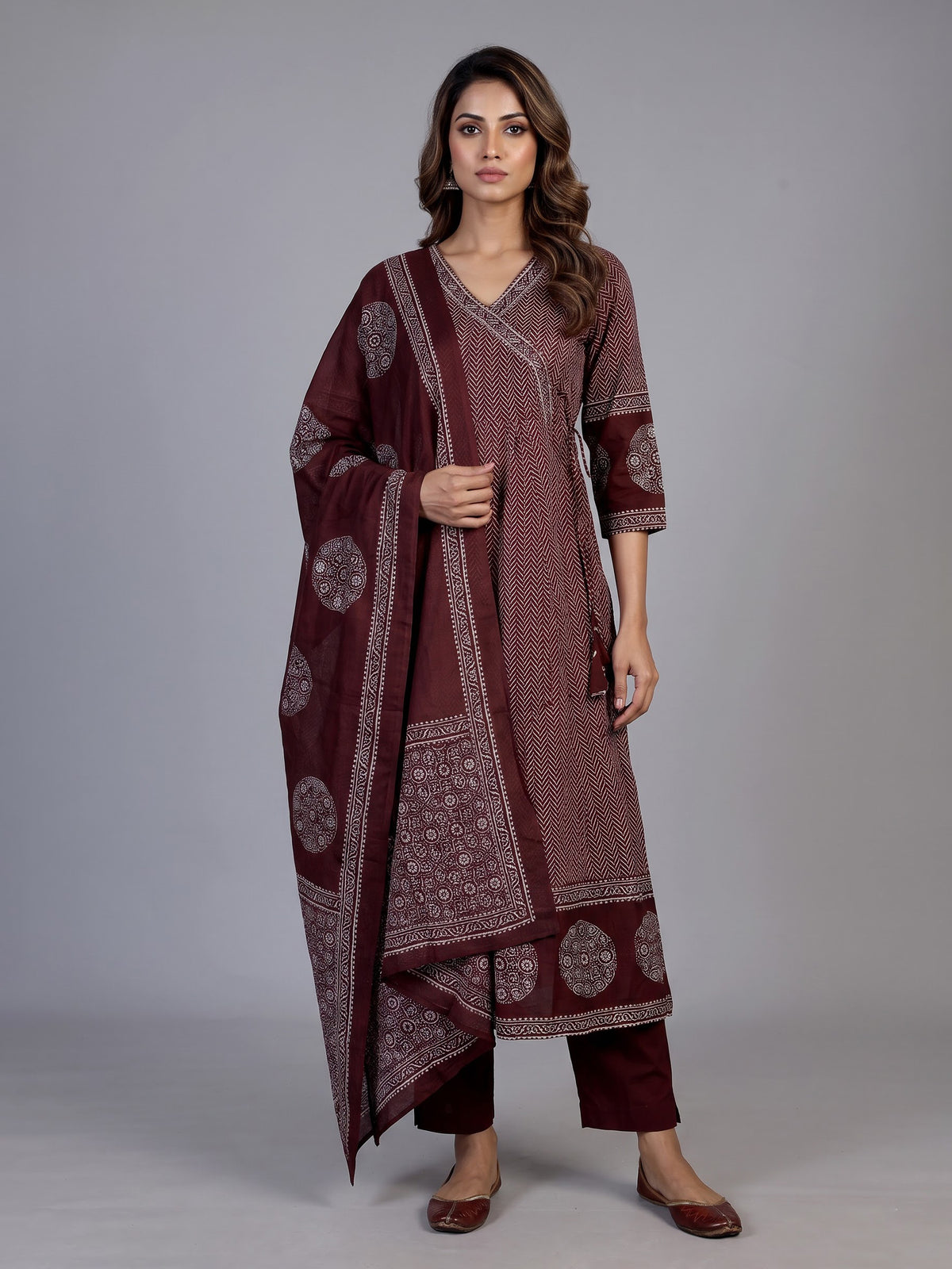 Wine cotton blend embellished printed kurti set