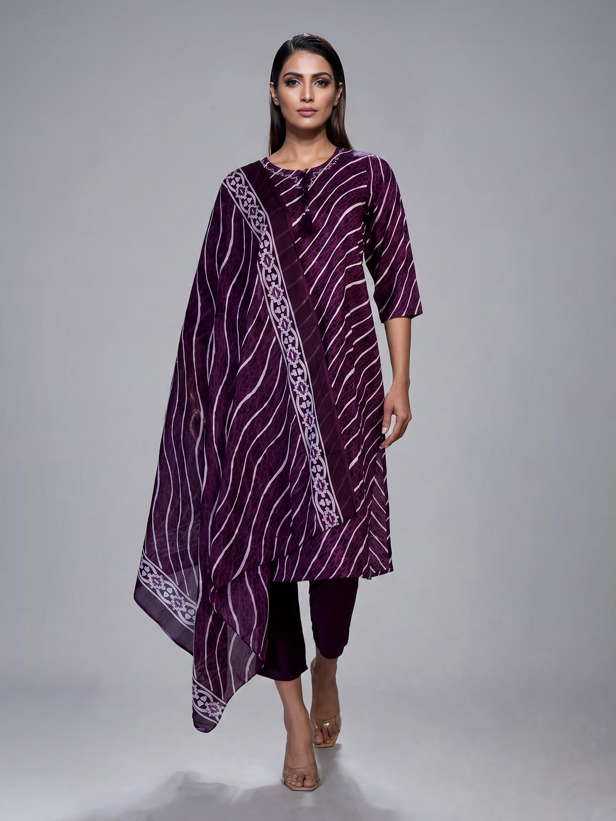Purple silk printed kurti set with graceful dupatta