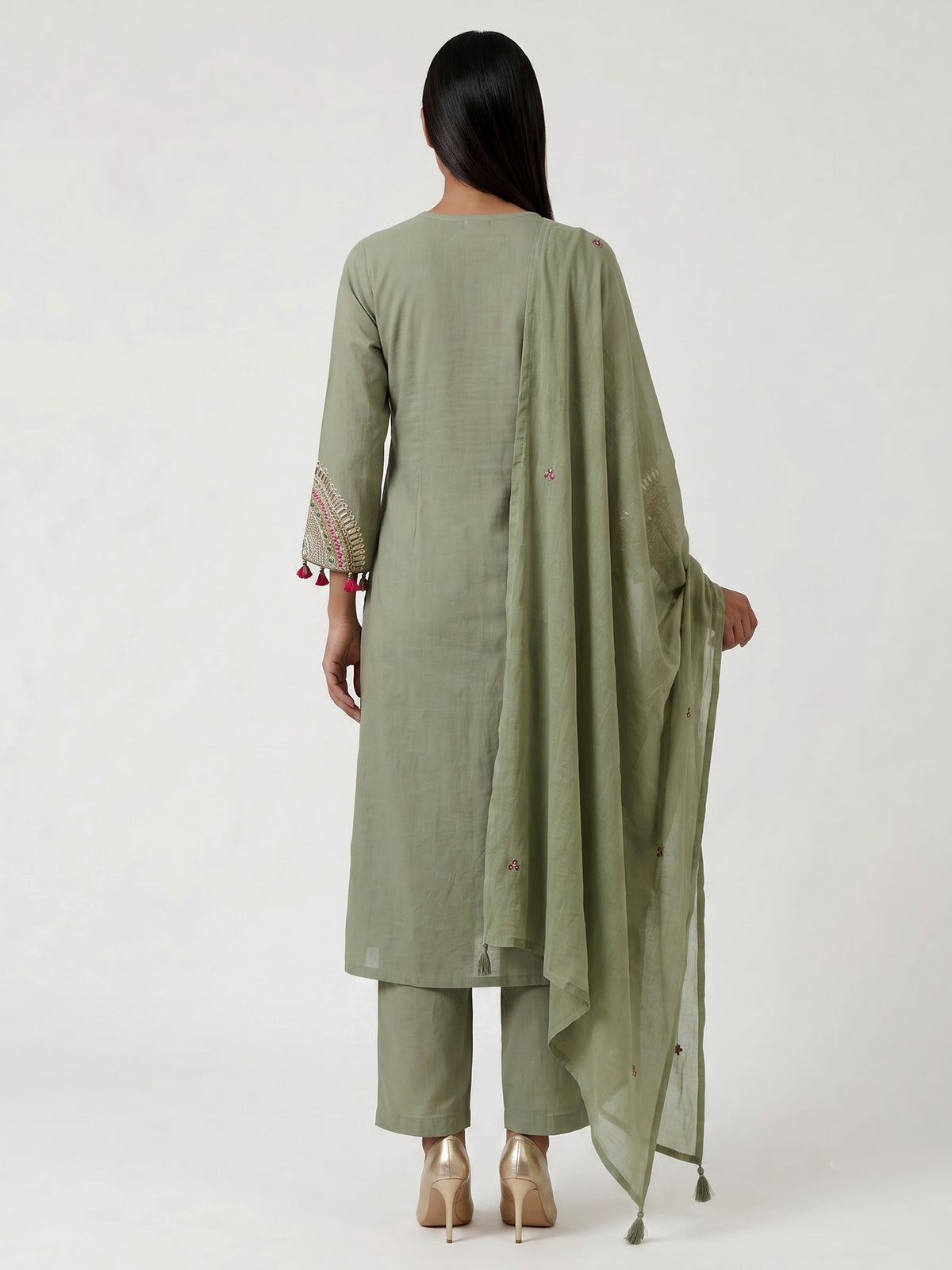 Pista green cotton silk blend yoke kurti set with tassels