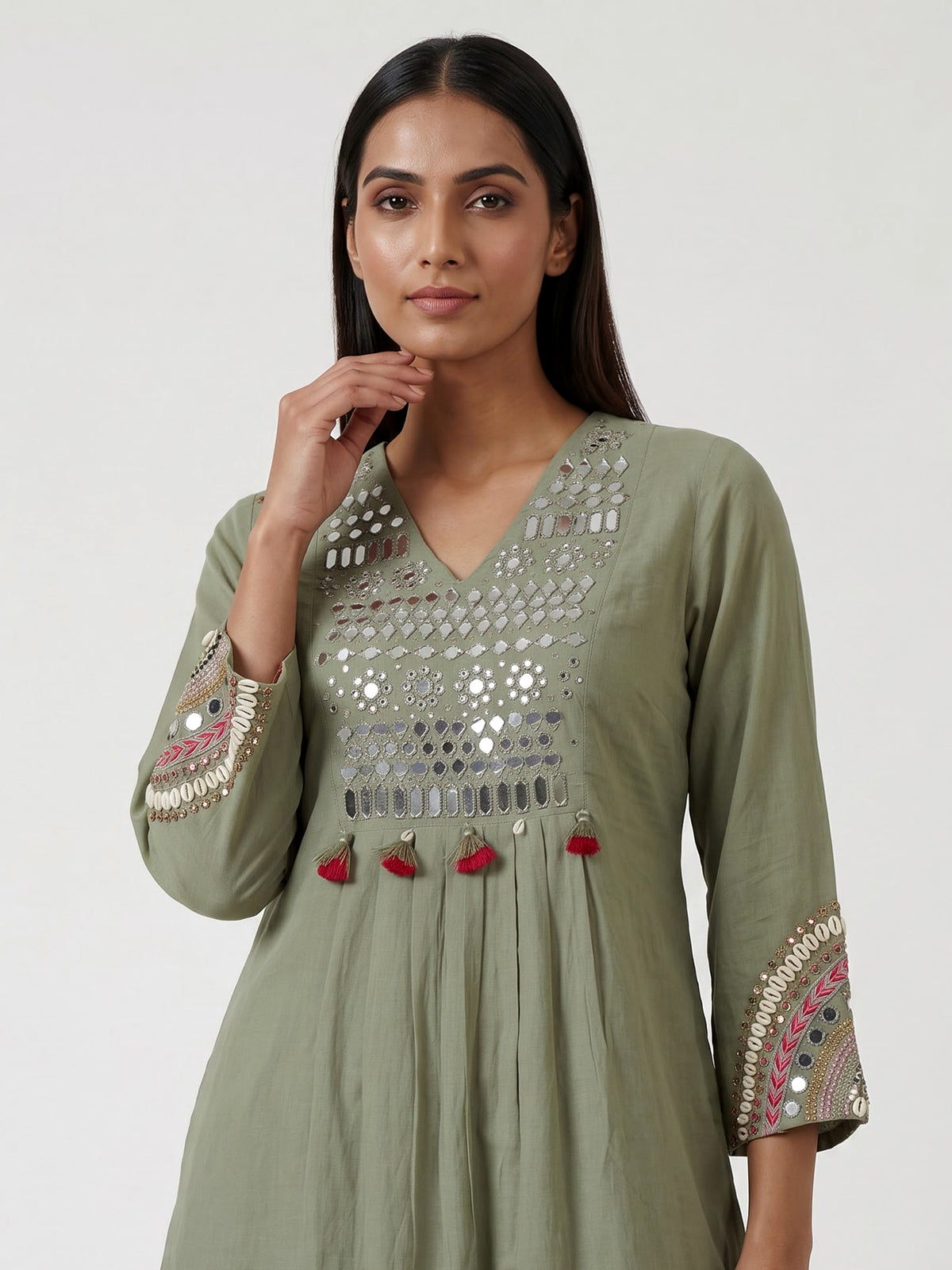 Pista green cotton silk blend yoke kurti set with tassels