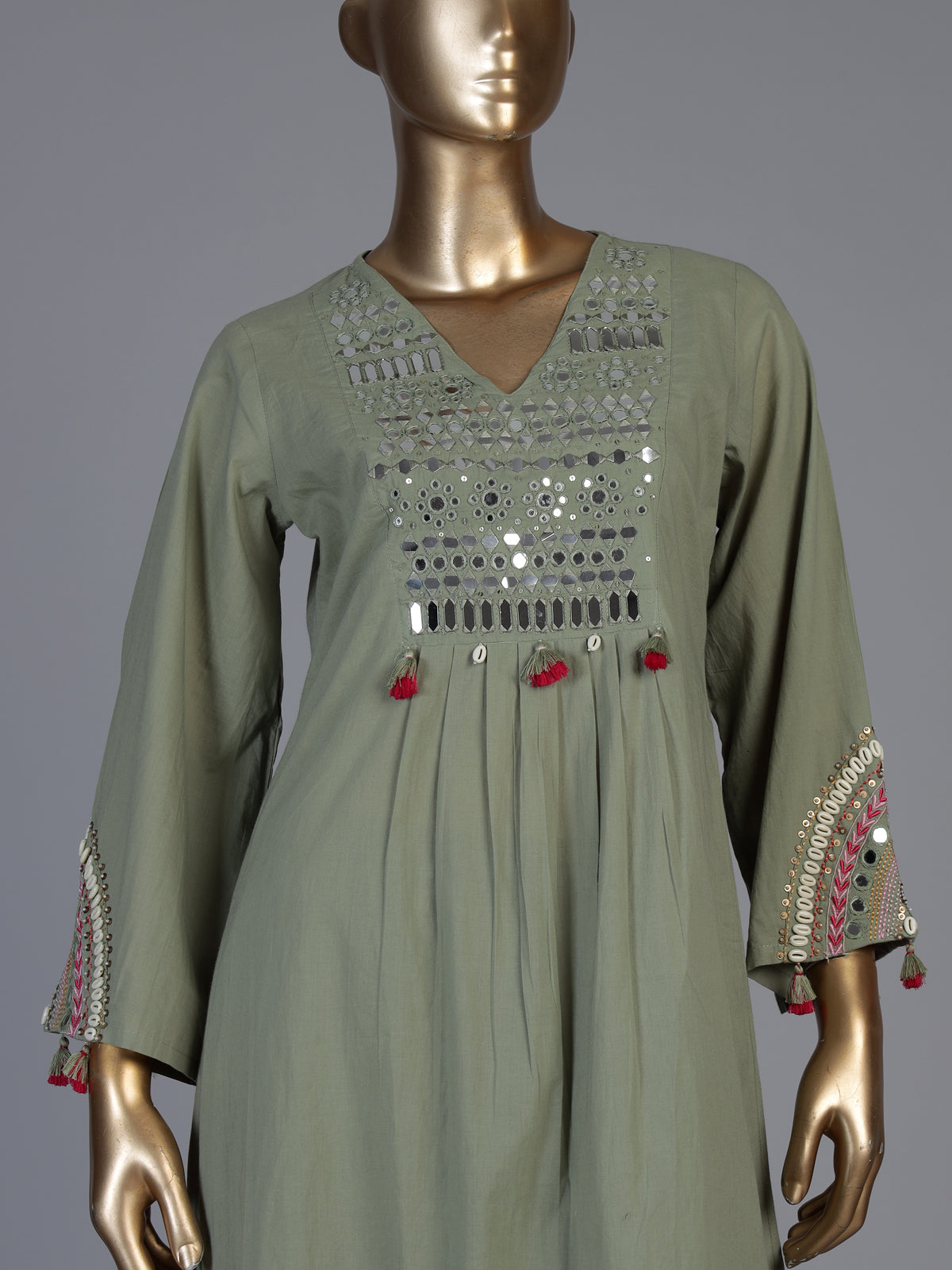 Pista green cotton silk blend yoke kurti set with tassels